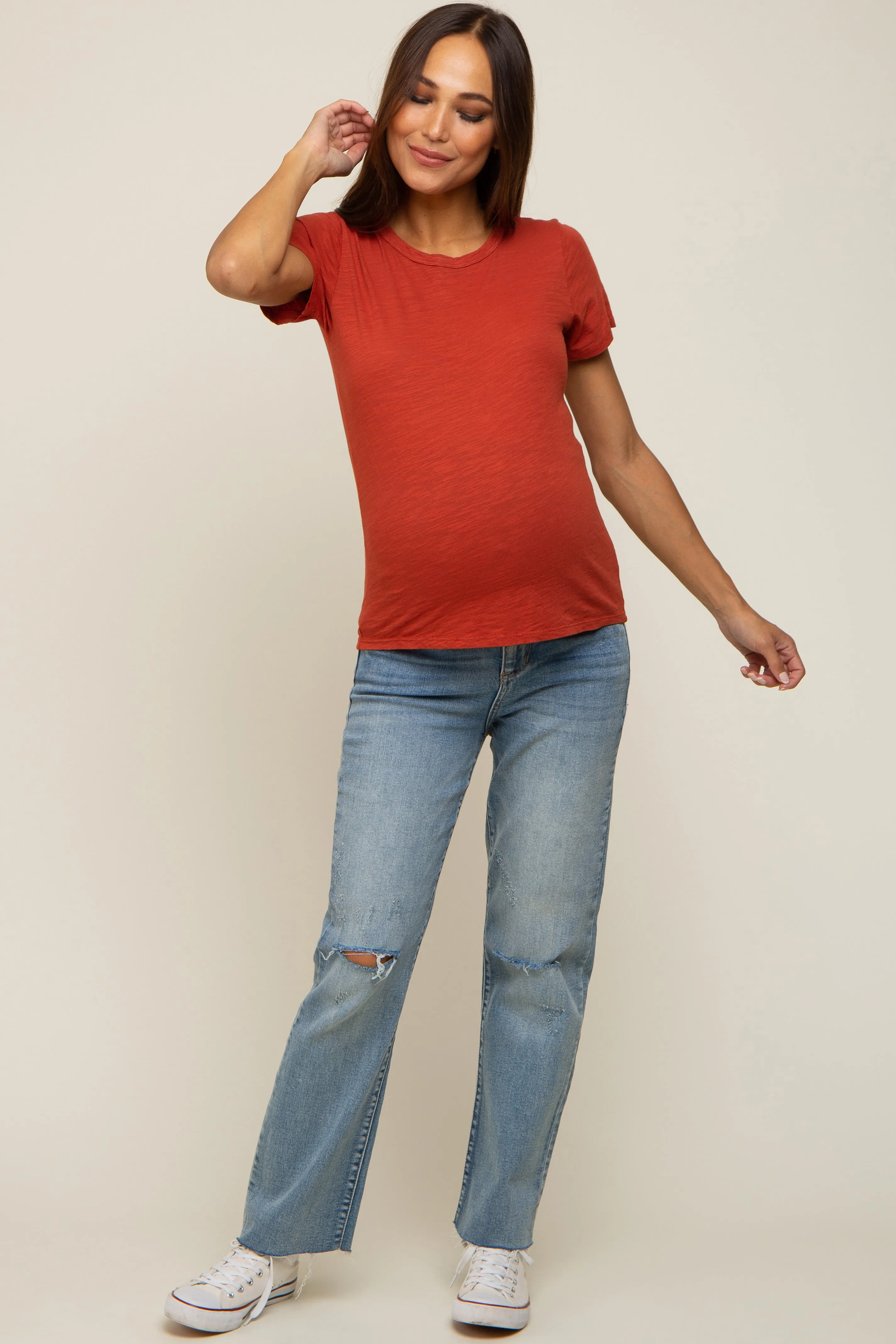 Rust Slub Knit Cropped Maternity T-Shirt sold by Pinkblush product image thumbnail 4