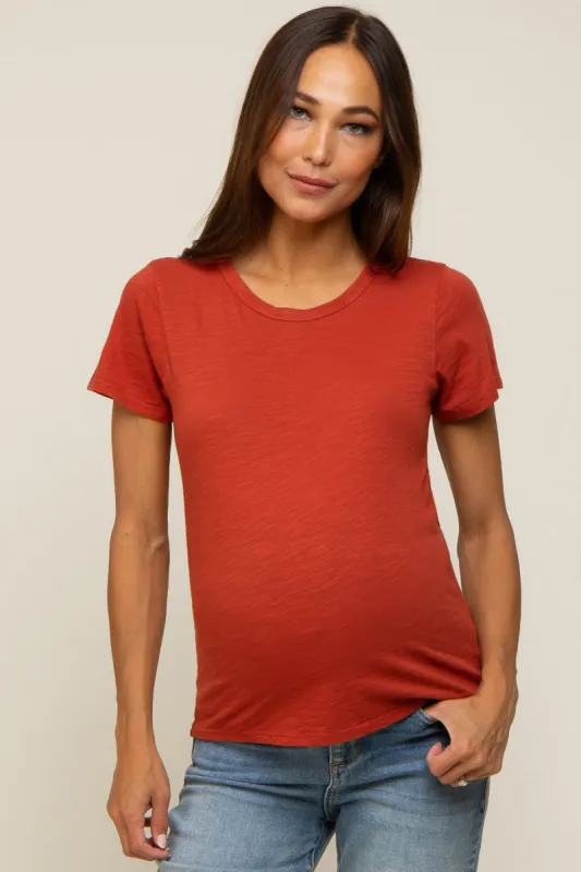 Rust Slub Knit Cropped Maternity T-Shirt sold by Pinkblush