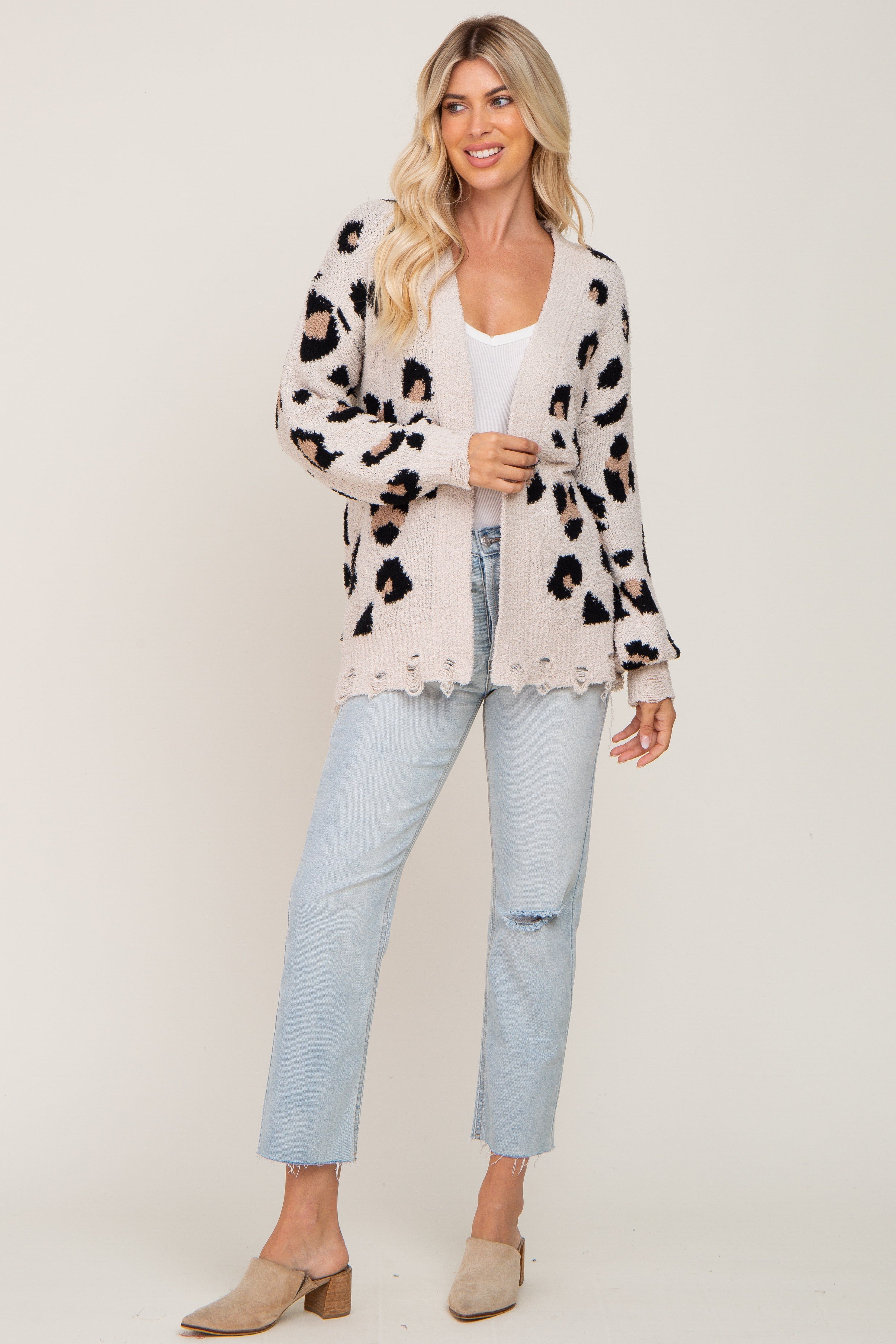 Cream Leopard Print Knit Distressed Sweater sold by Pinkblush product image thumbnail 4