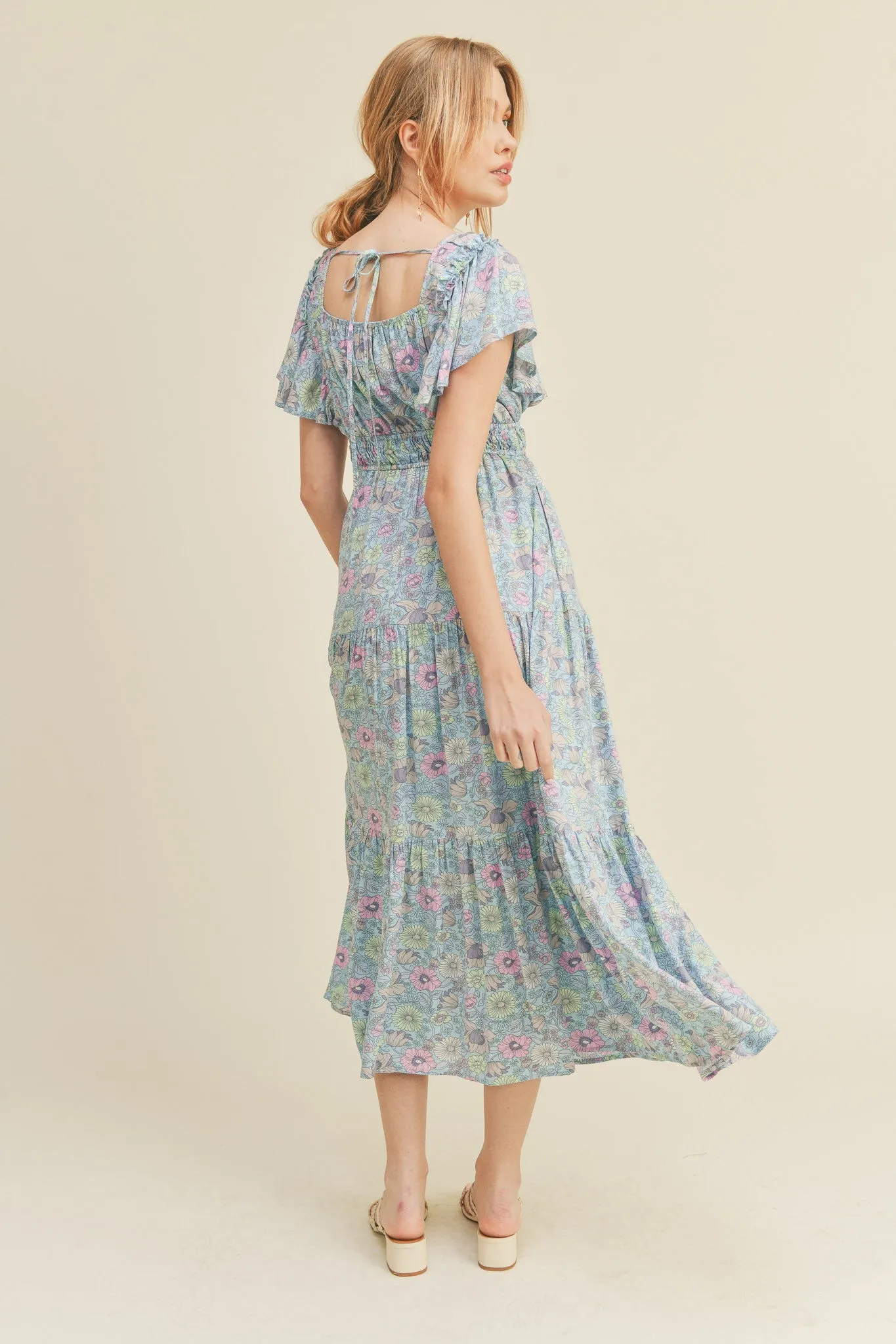 Sky Blue Floral Tiered Floral Midi Dress sold by Pinkblush product image thumbnail 3