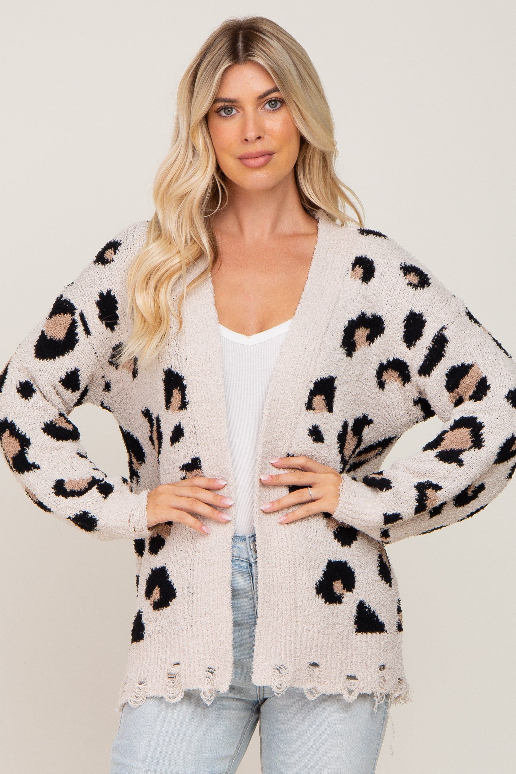 Cream Leopard Print Knit Distressed Sweater sold by Pinkblush