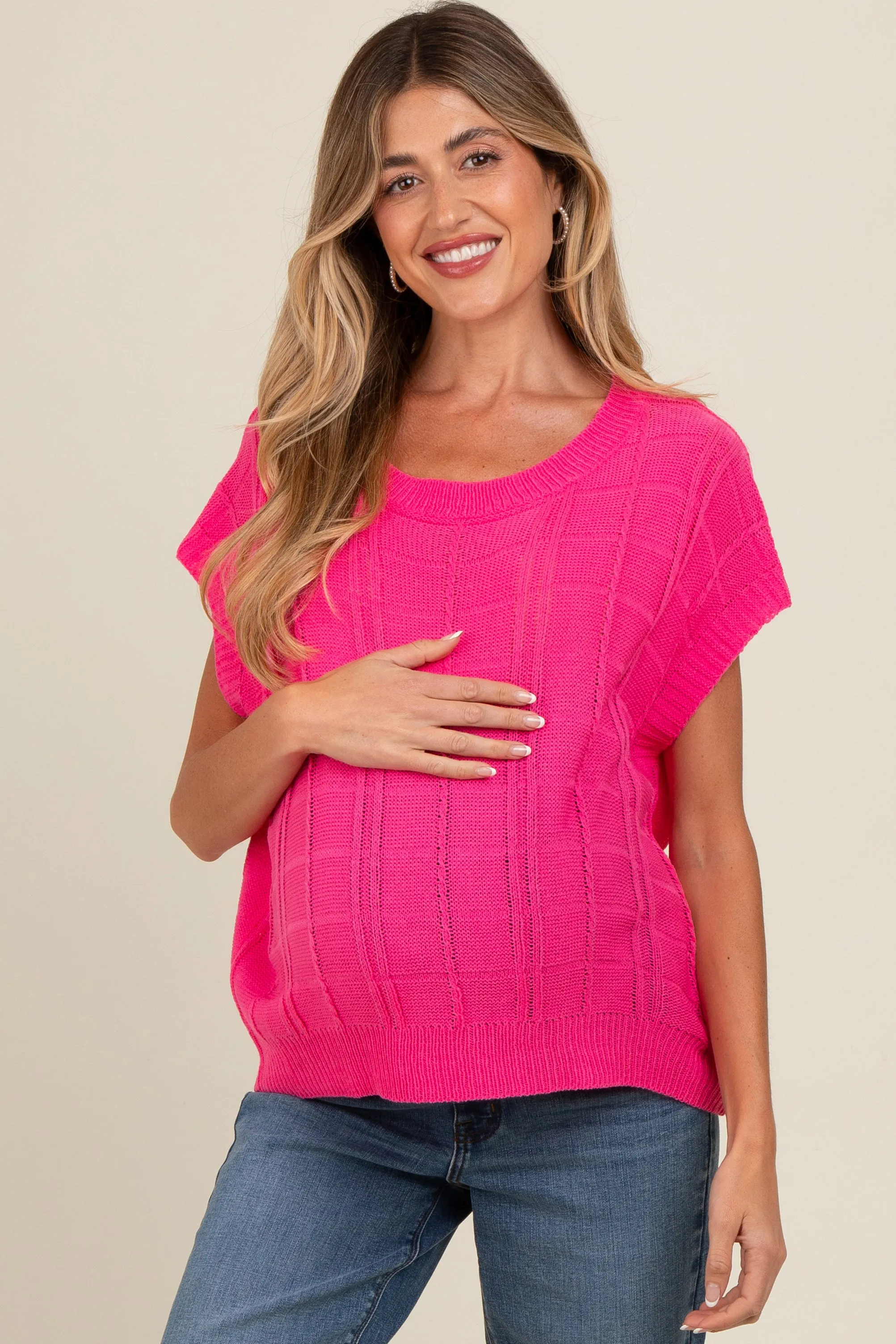 Fuchsia Knit Short Sleeve Sweater Maternity Top sold by Pinkblush