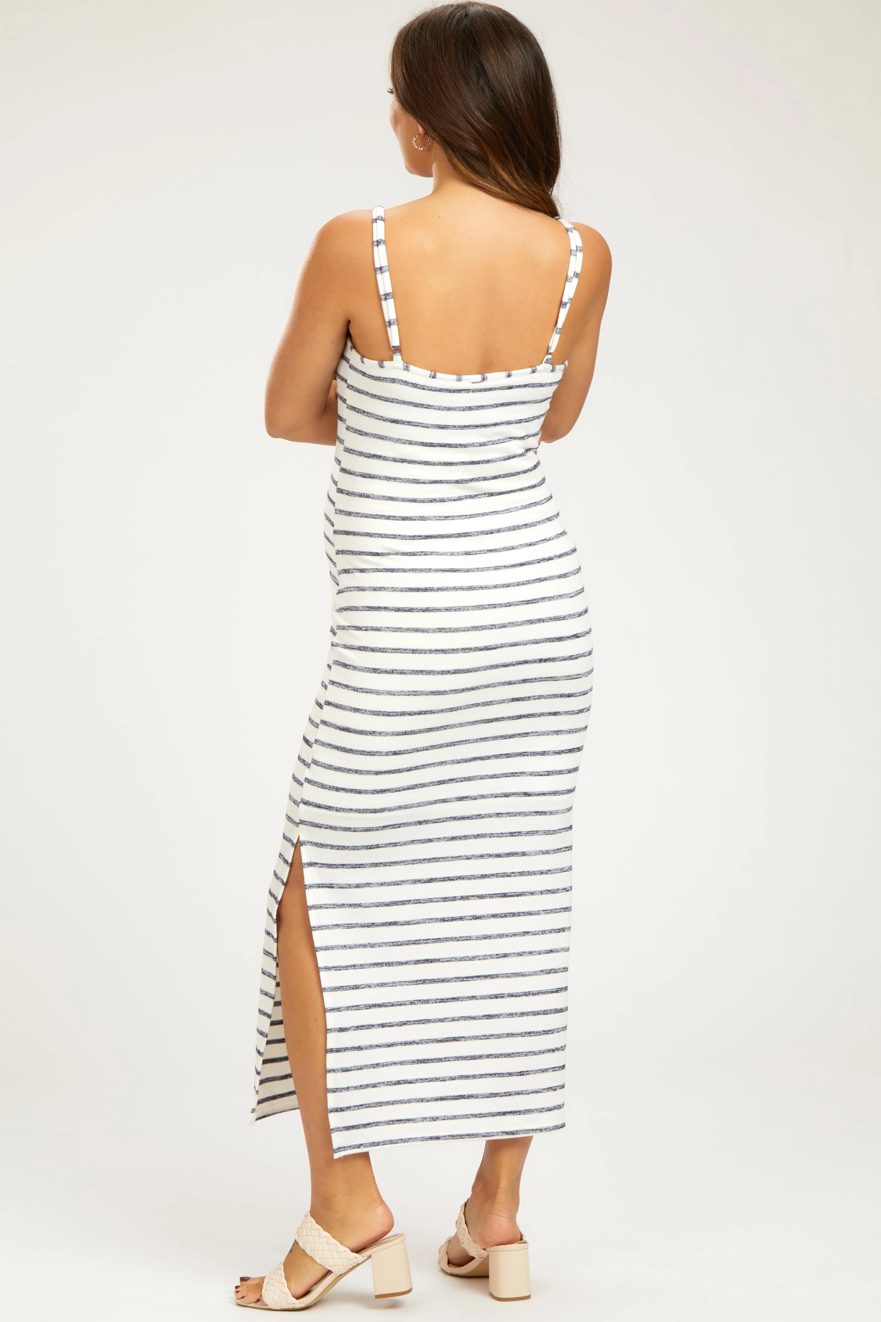 Navy Blue Striped Knit Side Slit Sleeveless Maternity Midi Dress sold by Pinkblush product image thumbnail 4