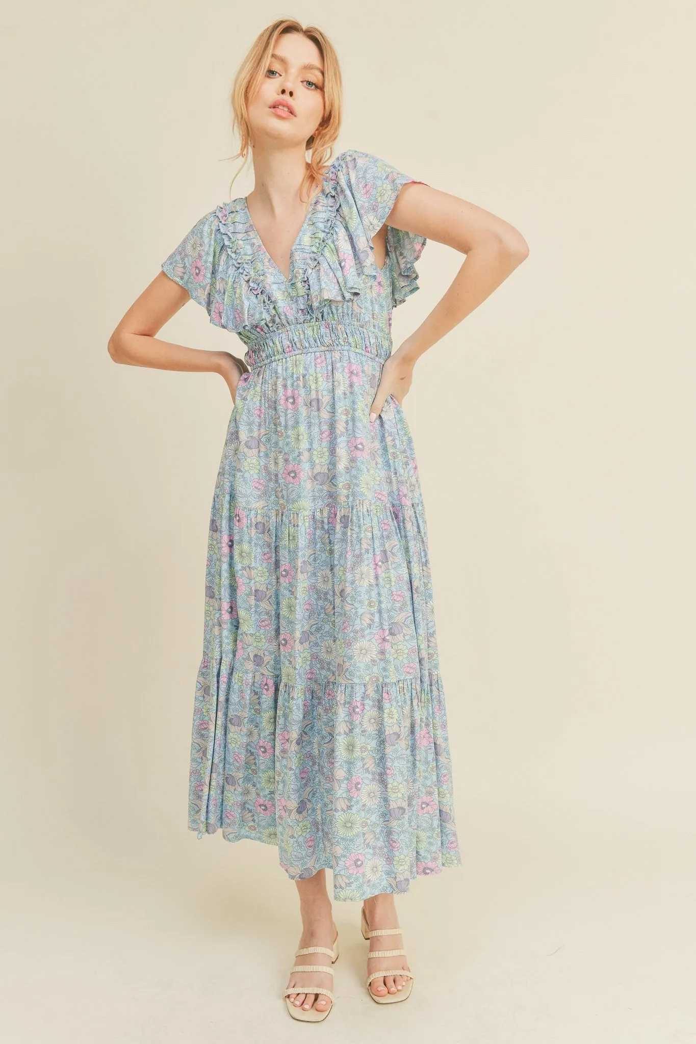 Sky Blue Floral Tiered Floral Midi Dress sold by Pinkblush product image thumbnail 4