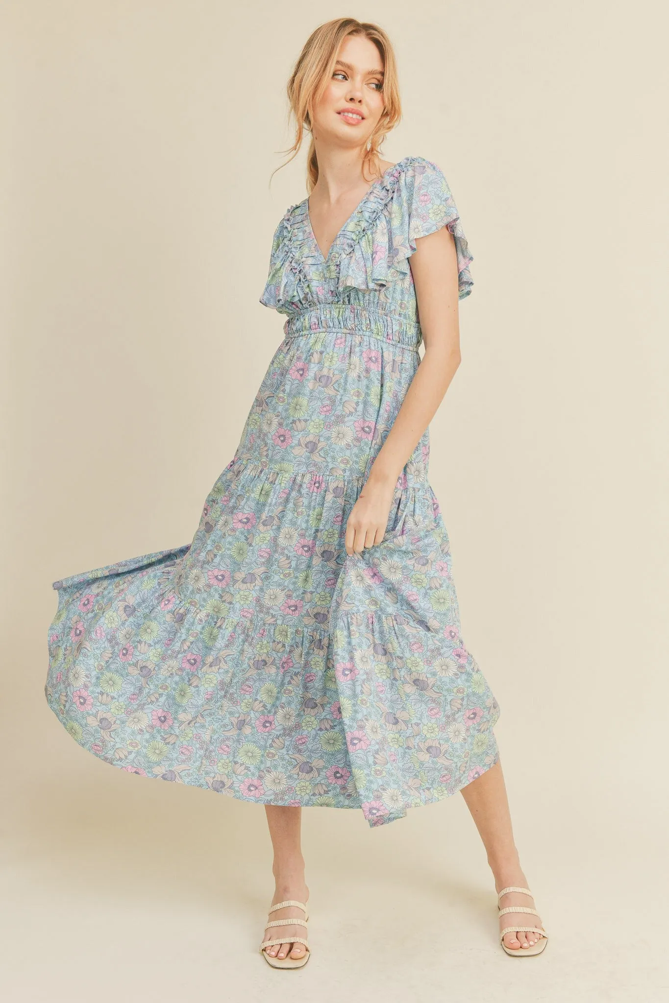 Sky Blue Floral Tiered Floral Midi Dress sold by Pinkblush