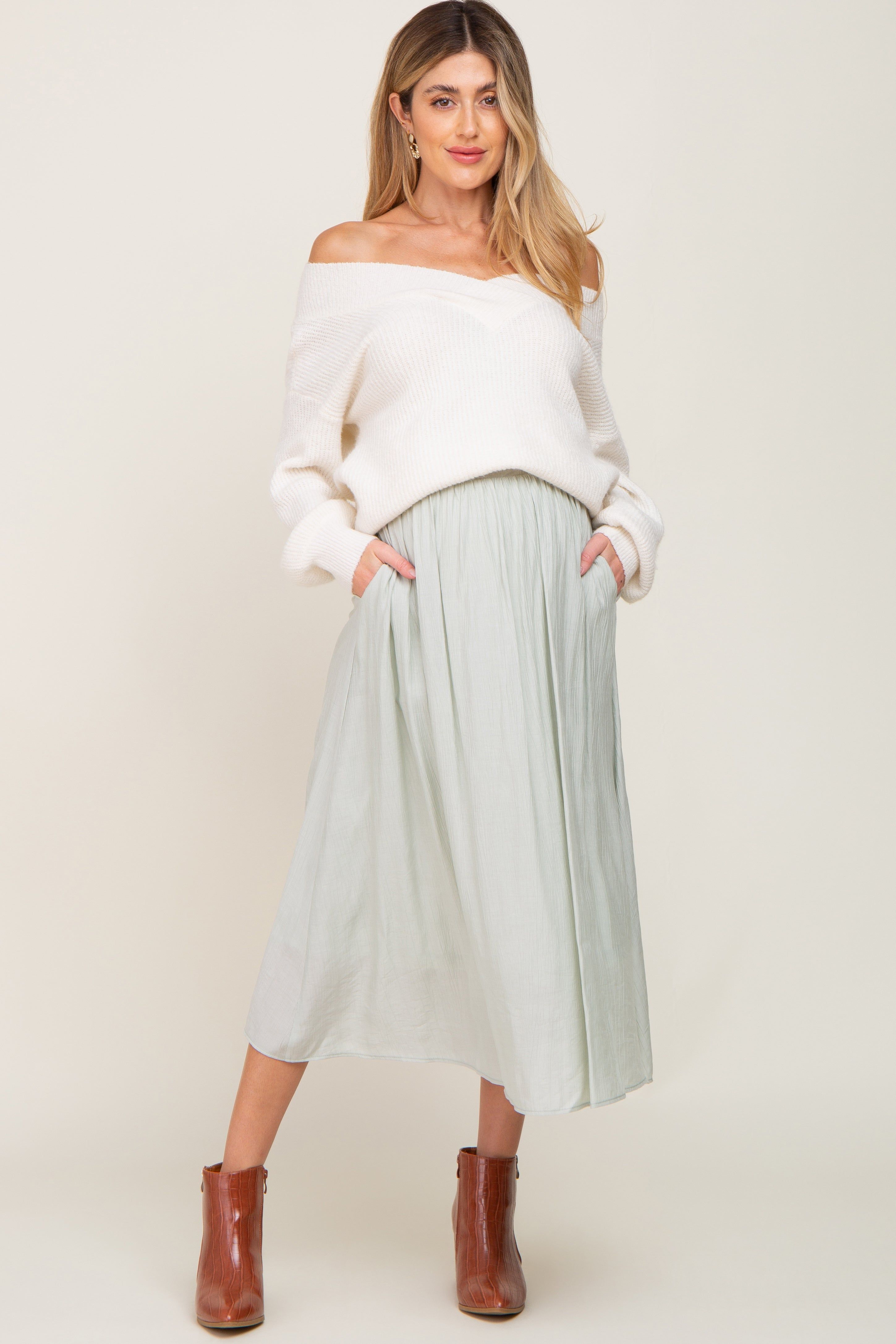 Mint Green Gathered Maternity Midi Skirt sold by Pinkblush product image thumbnail 6