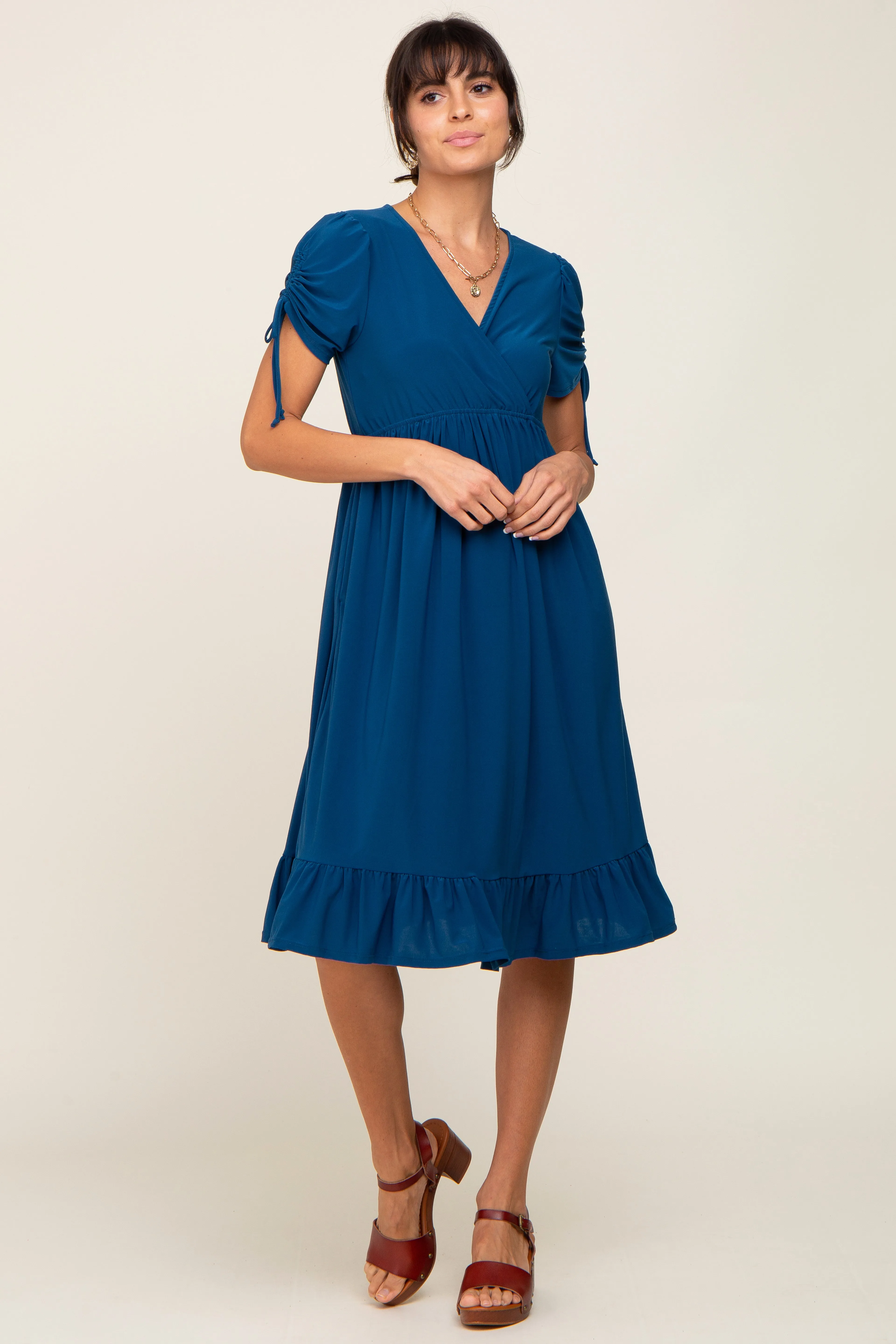 Deep Teal Cinched Sleeve Midi Dress sold by Pinkblush product image thumbnail 4