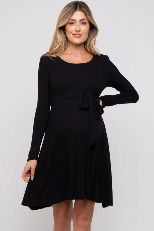 Black Soft Rib Knit Sash Tie Maternity Dress sold by Pinkblush