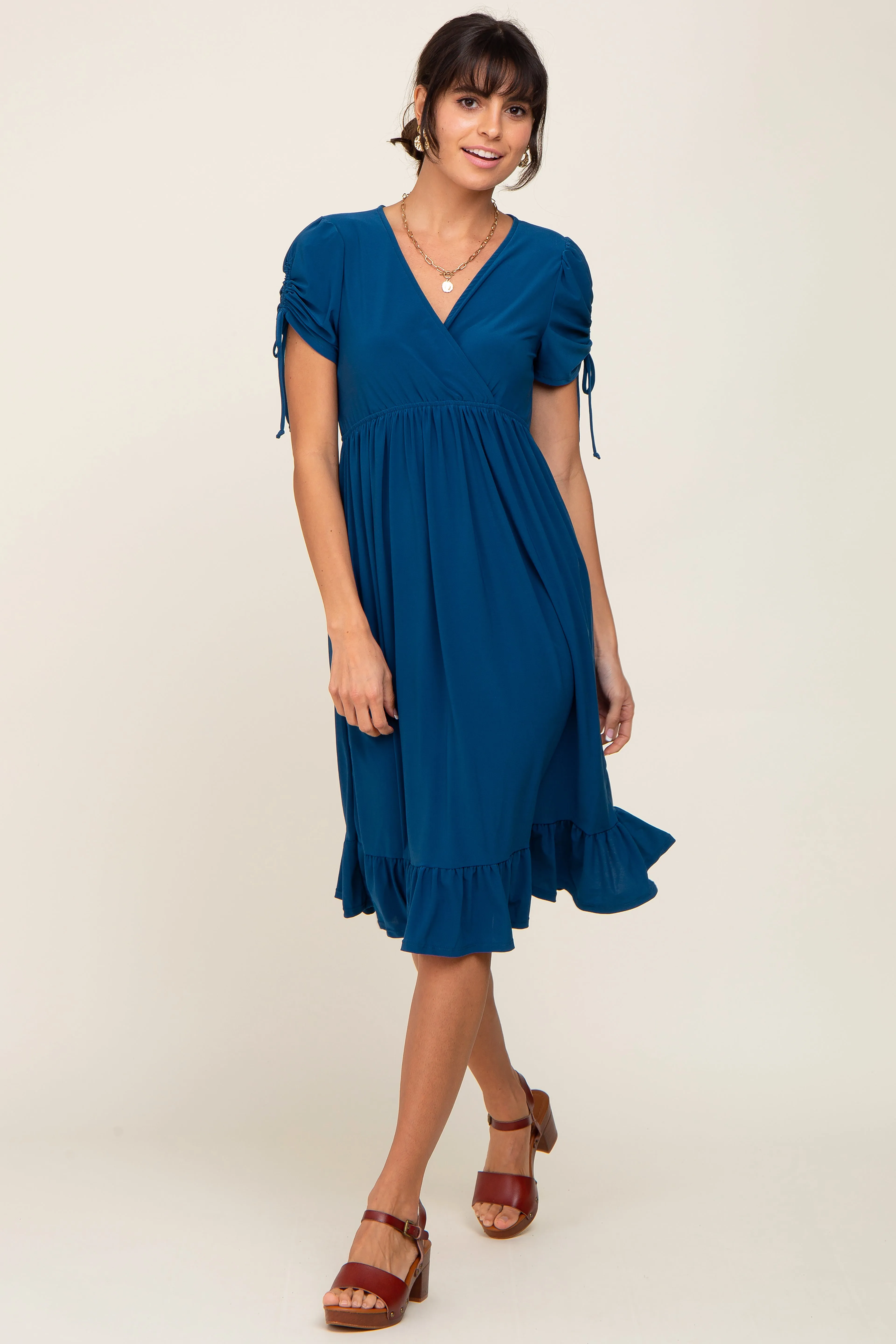 Deep Teal Cinched Sleeve Midi Dress sold by Pinkblush