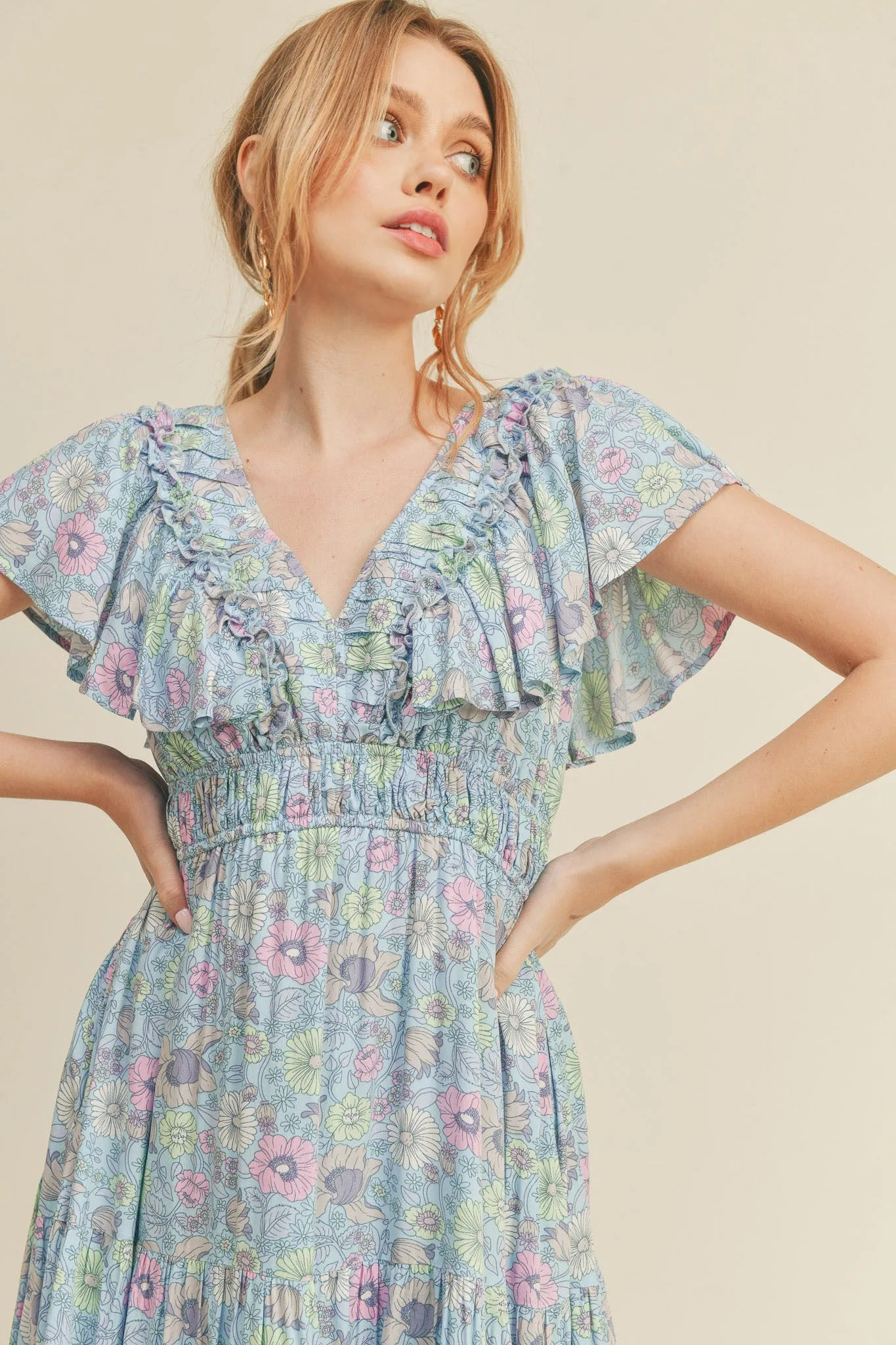 Sky Blue Floral Tiered Floral Midi Dress sold by Pinkblush product image thumbnail 5