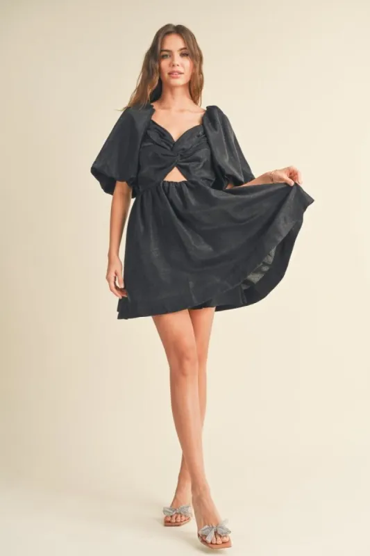 Black Puff Balloon Sleeve Knot Front Detail Dress sold by Pinkblush