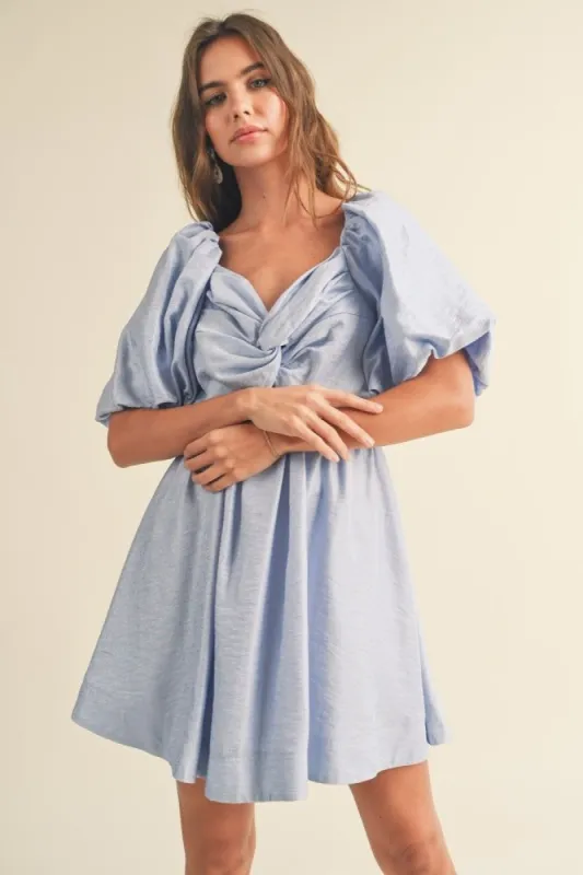 Blue Puff Balloon Sleeve Knot Front Detail Dress sold by Pinkblush