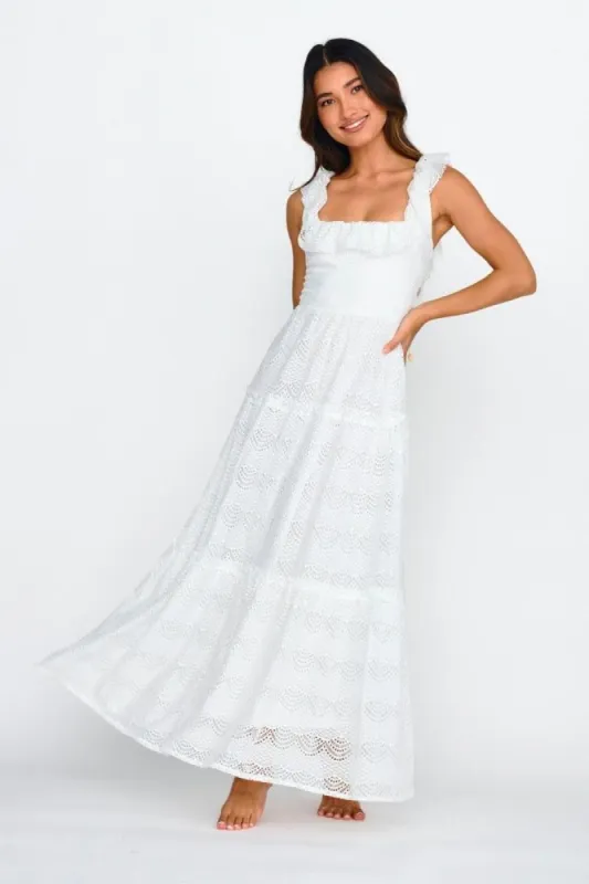 White Sleeveless Crochet Ruffle Strap Maxi Dress sold by Pinkblush