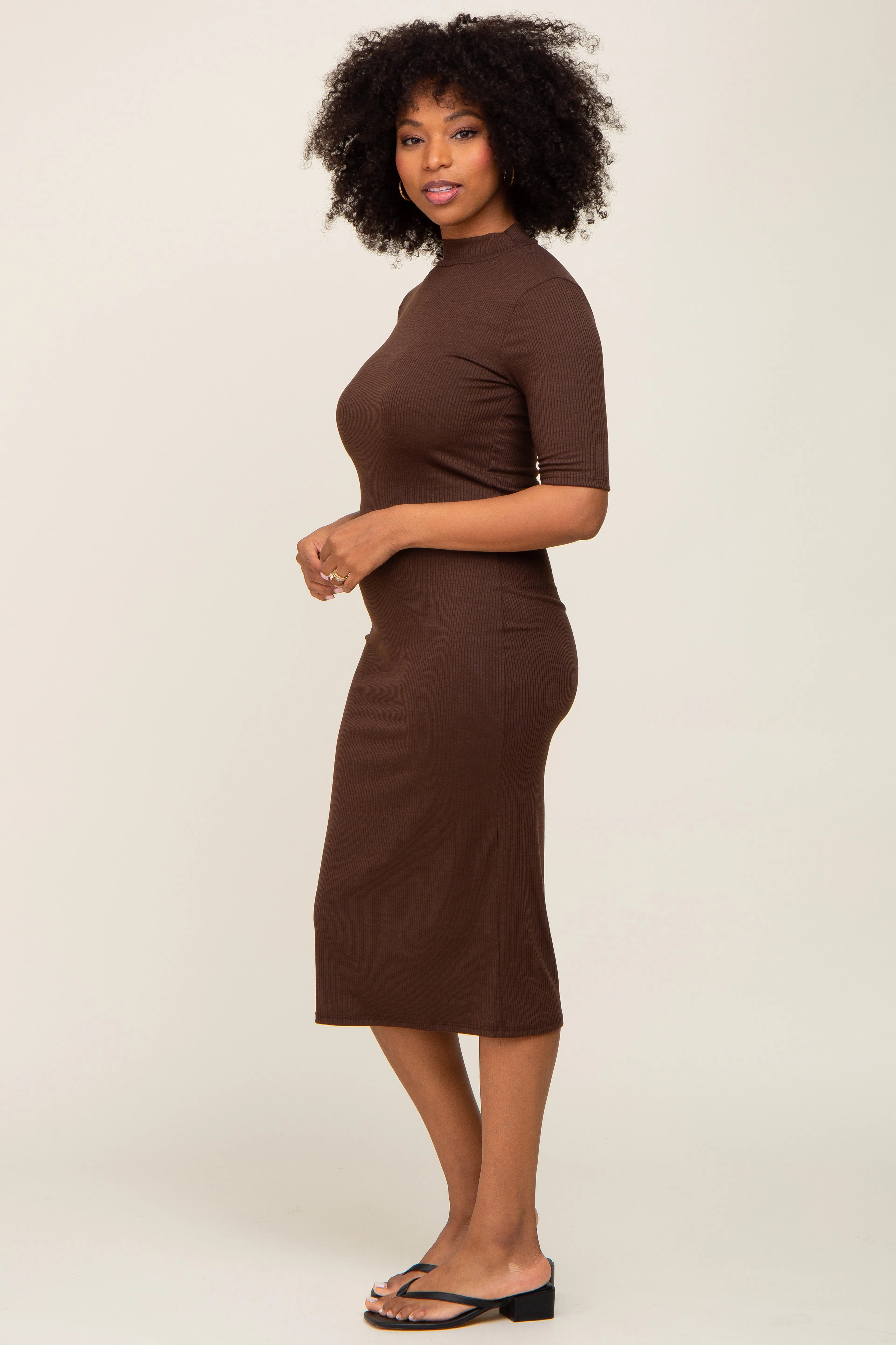 Brown Ribbed Mock Neck Midi Dress sold by Pinkblush product image thumbnail 2
