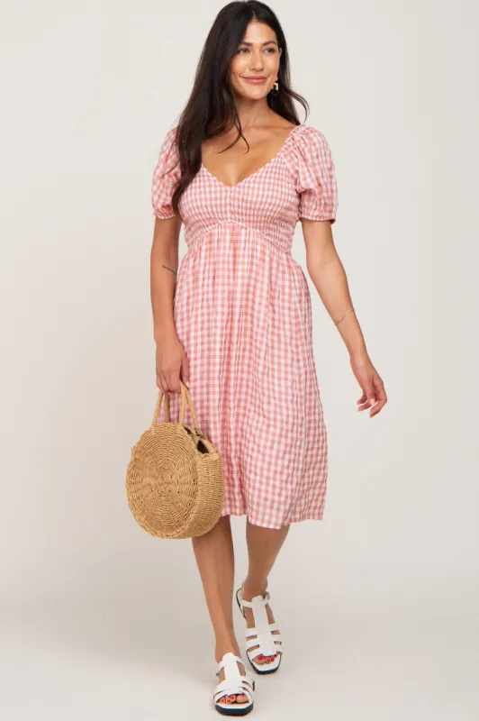 Mauve Gingham V-Neck Midi Dress sold by Pinkblush