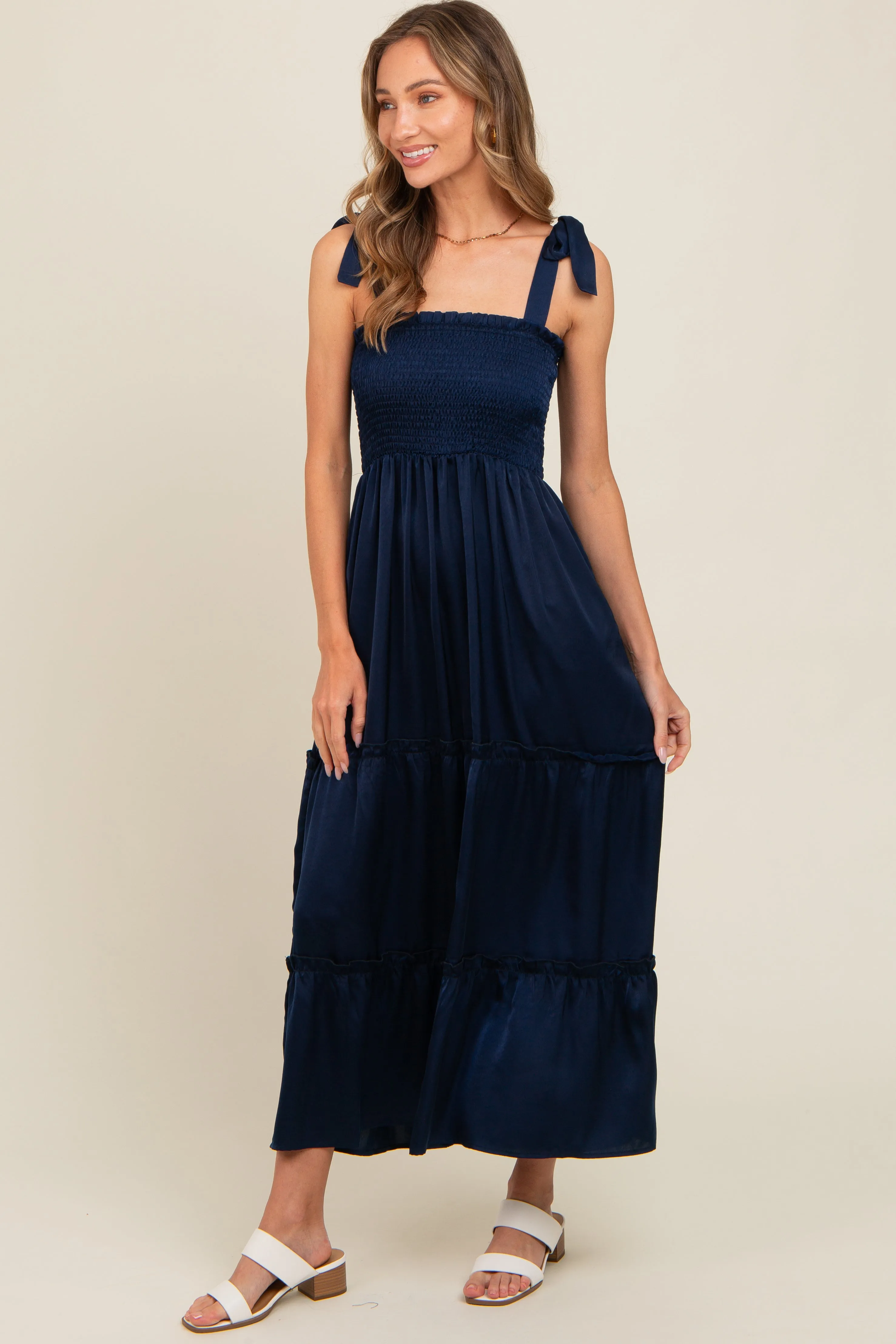 Navy Satin Smocked Maxi Dress sold by Pinkblush product image thumbnail 3