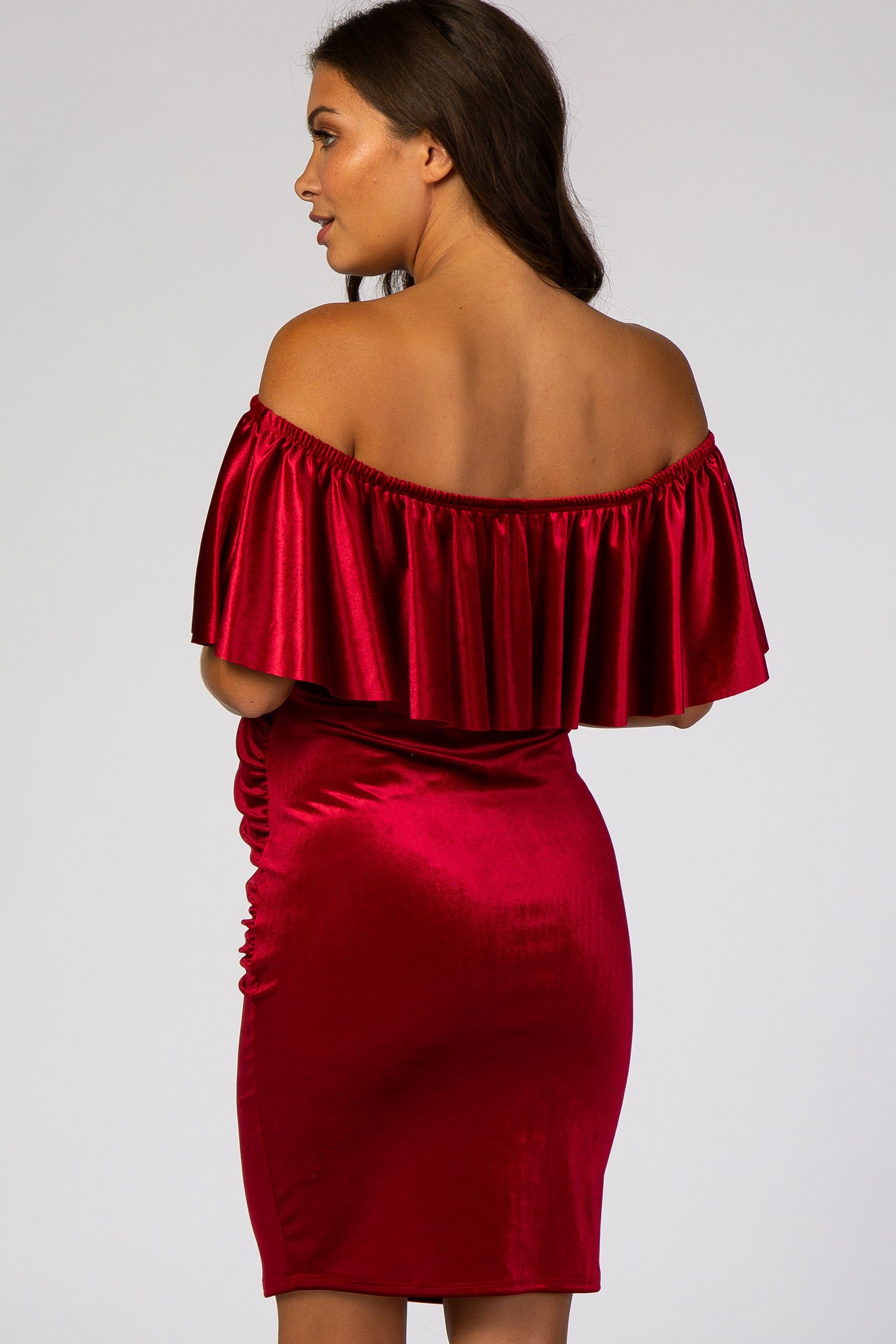Red Velvet Off Shoulder Fitted Maternity Dress sold by Pinkblush product image thumbnail 4