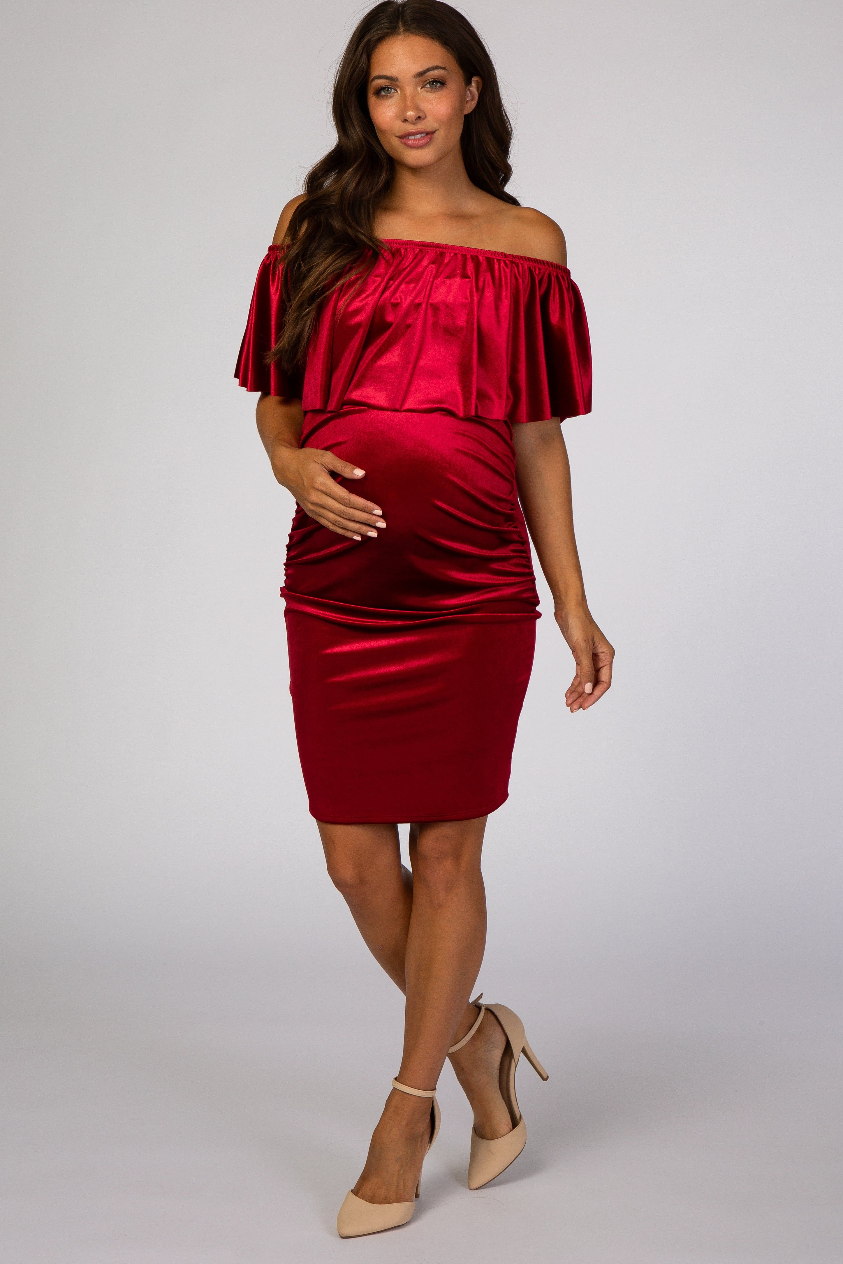 Red Velvet Off Shoulder Fitted Maternity Dress sold by Pinkblush