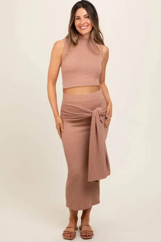 Mocha Ribbed Crop Front Knot Midi Skirt Maternity Set sold by Pinkblush