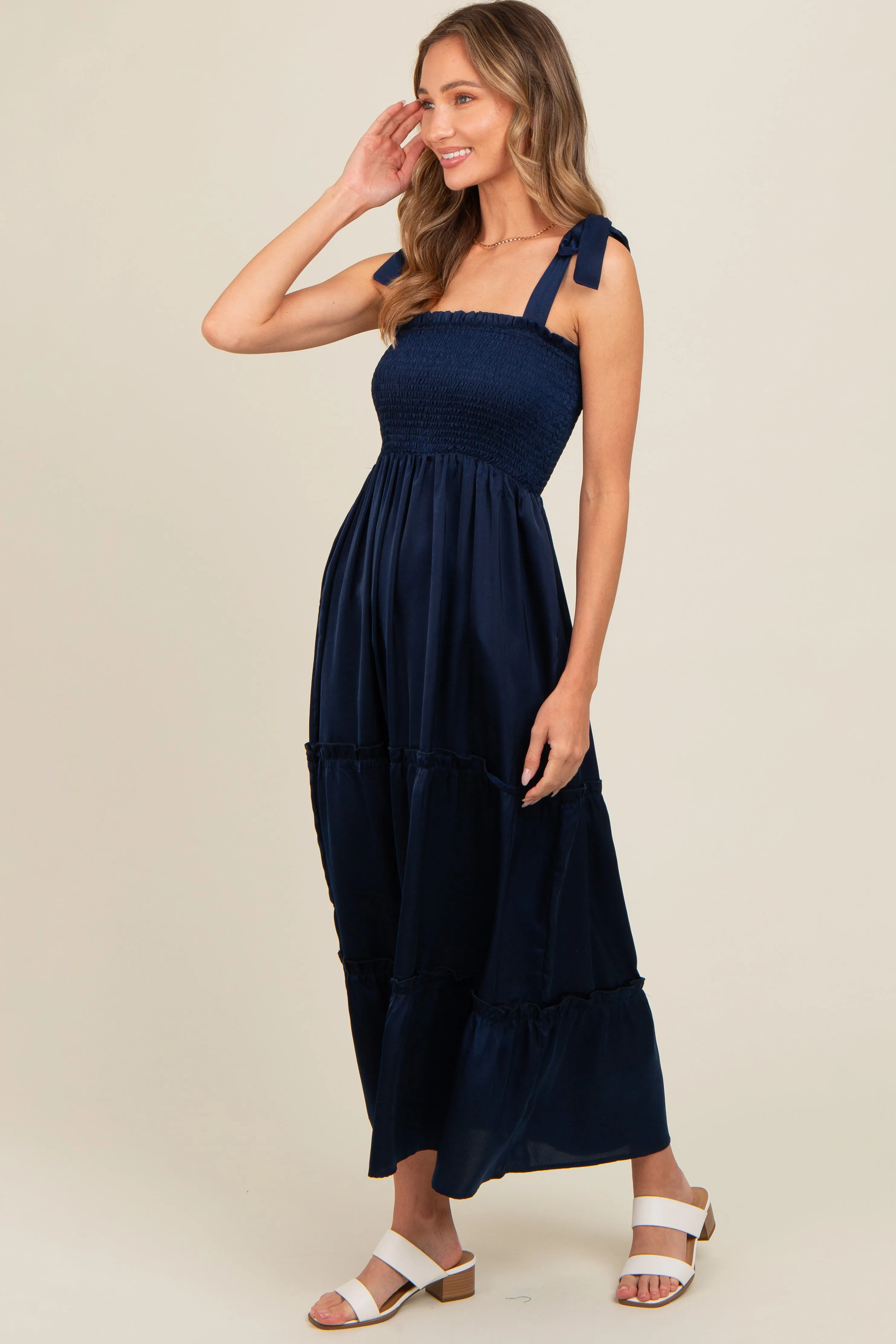 Navy Satin Smocked Maxi Dress sold by Pinkblush product image thumbnail 4