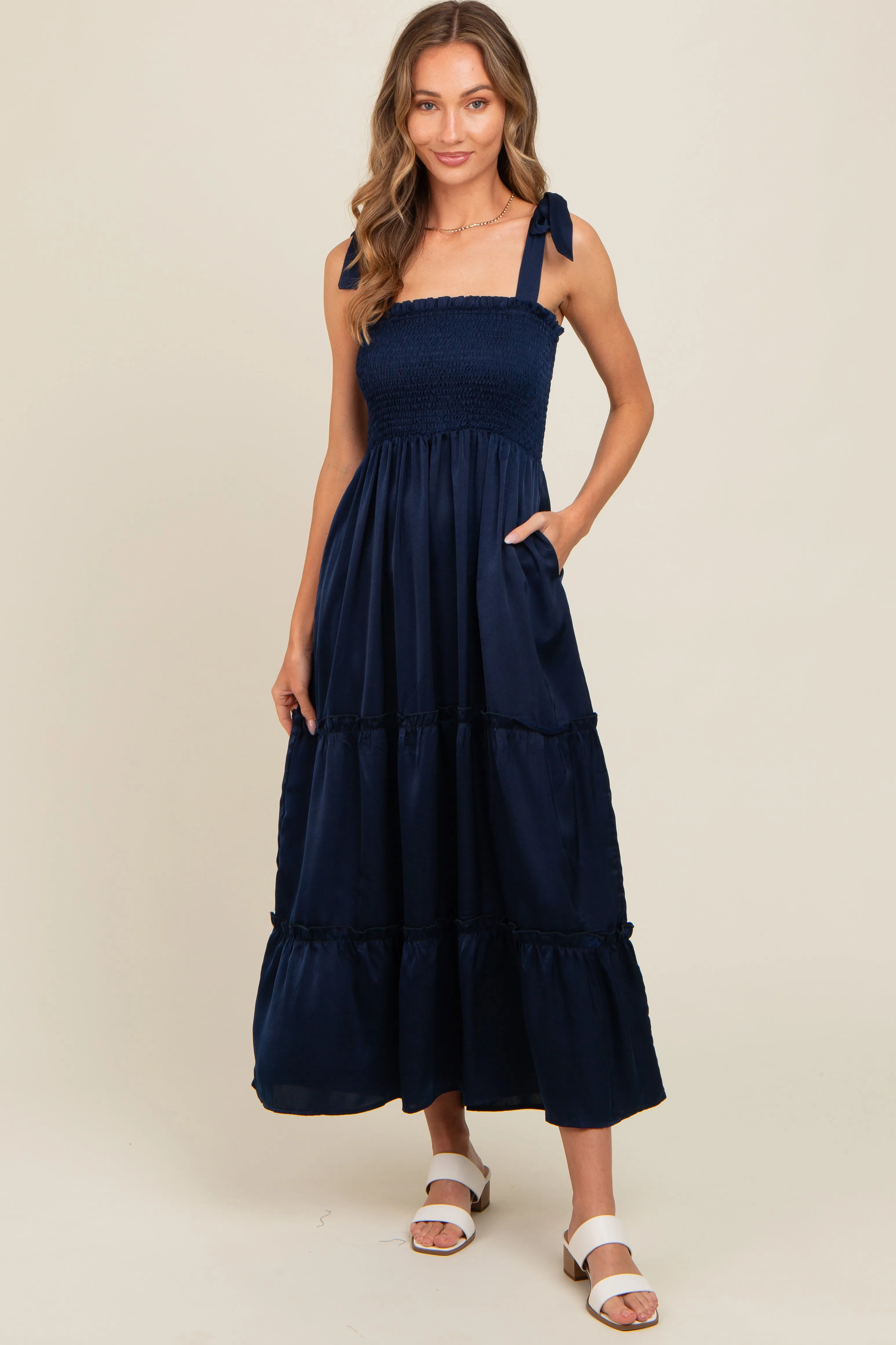 Navy Satin Smocked Maxi Dress sold by Pinkblush