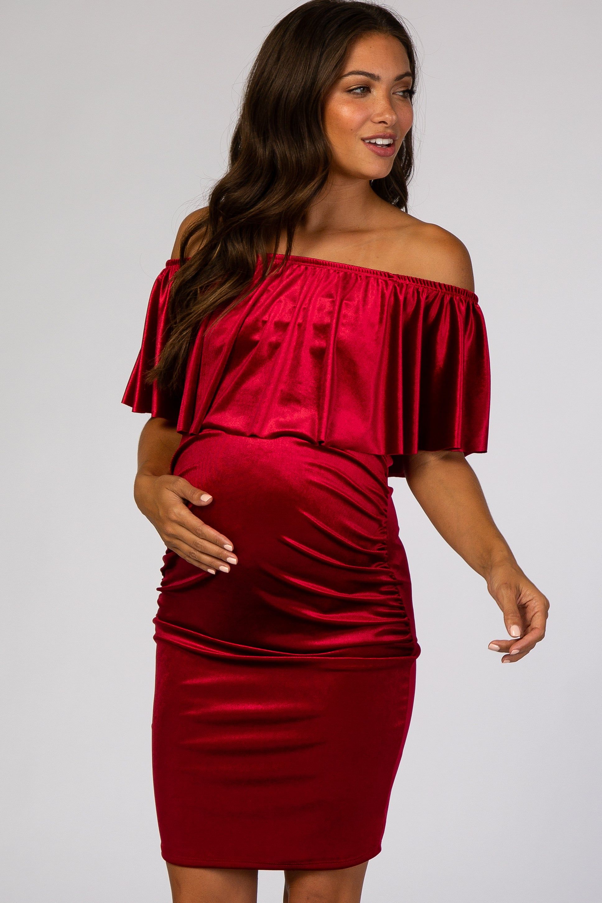 Red Velvet Off Shoulder Fitted Maternity Dress sold by Pinkblush product image thumbnail 2