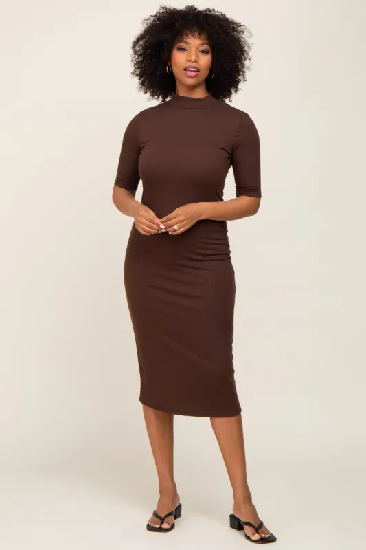 Brown Ribbed Mock Neck Midi Dress sold by Pinkblush