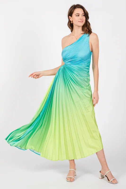 Blue Ombre Pleated Asymmetrical Maxi Dress sold by Pinkblush
