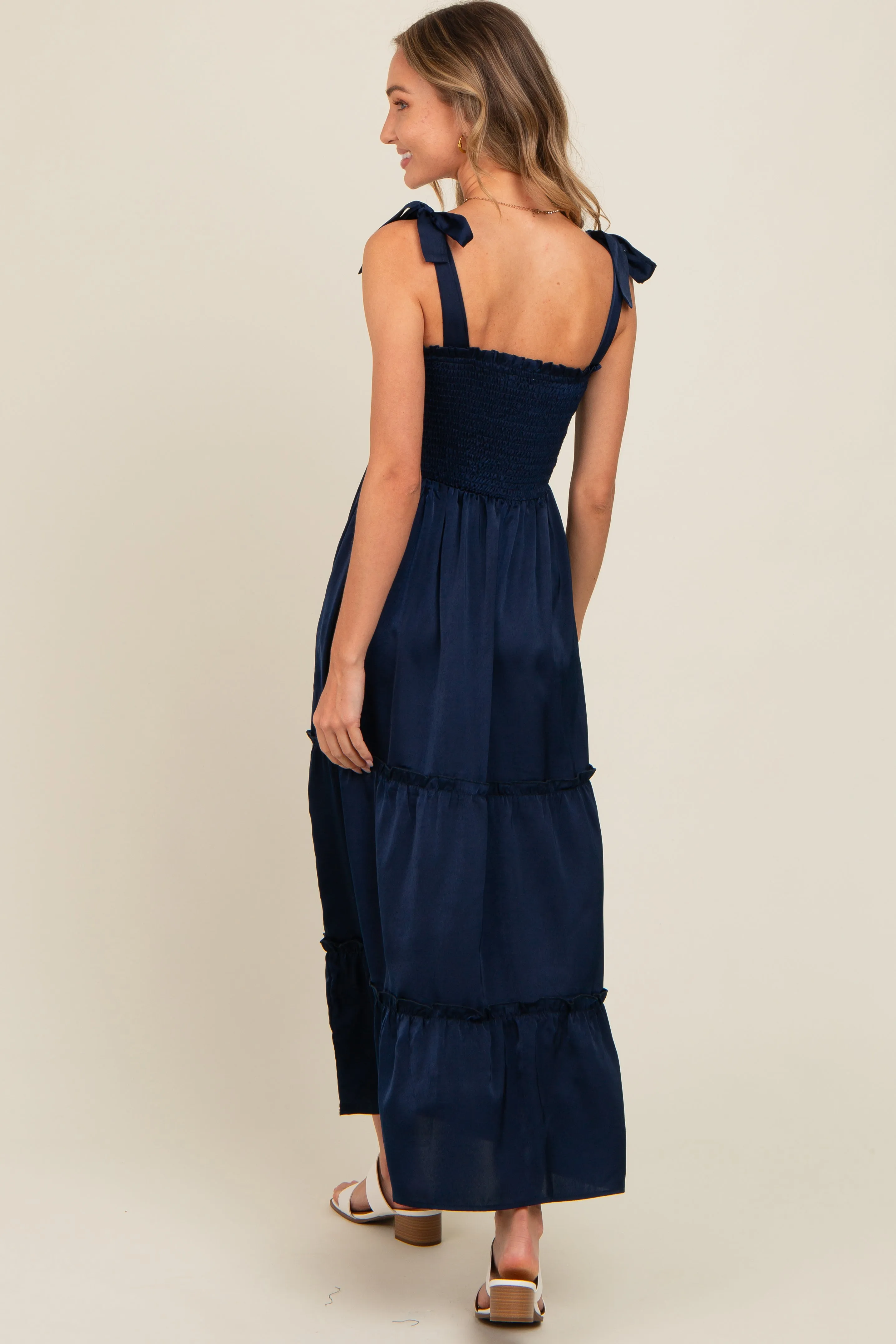 Navy Satin Smocked Maxi Dress sold by Pinkblush product image thumbnail 5