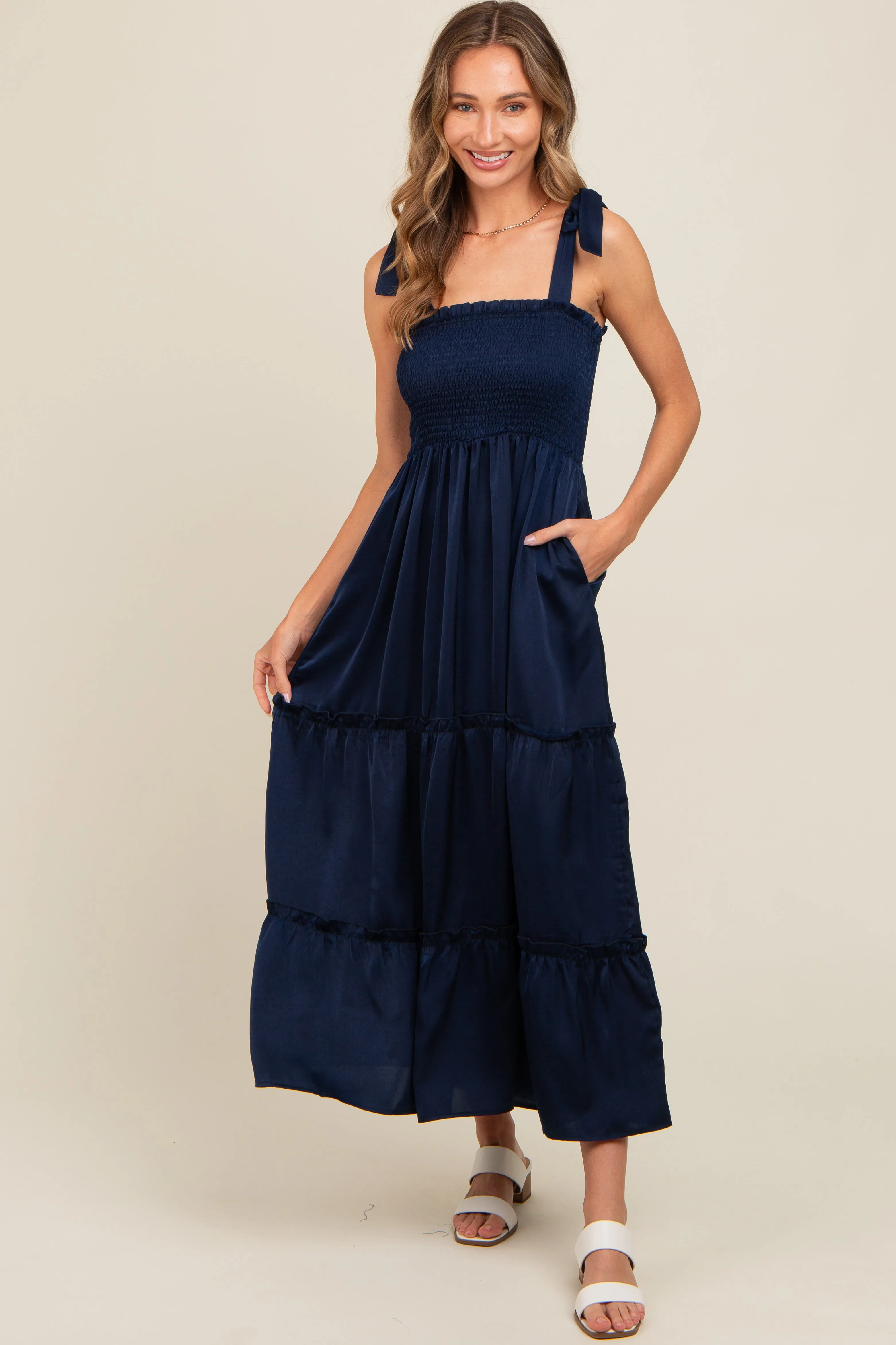 Navy Satin Smocked Maxi Dress sold by Pinkblush product image thumbnail 2