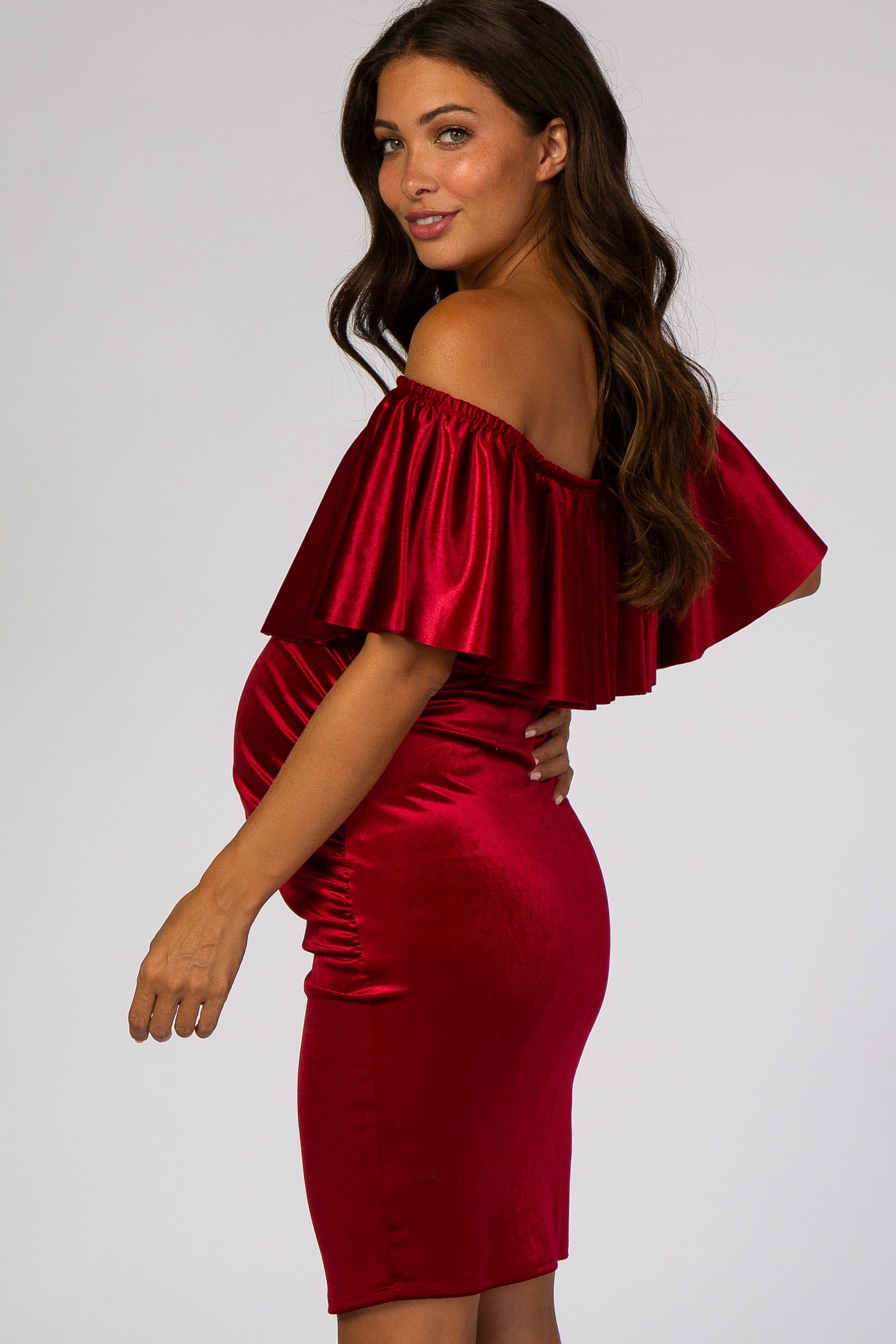 Red Velvet Off Shoulder Fitted Maternity Dress sold by Pinkblush product image thumbnail 3