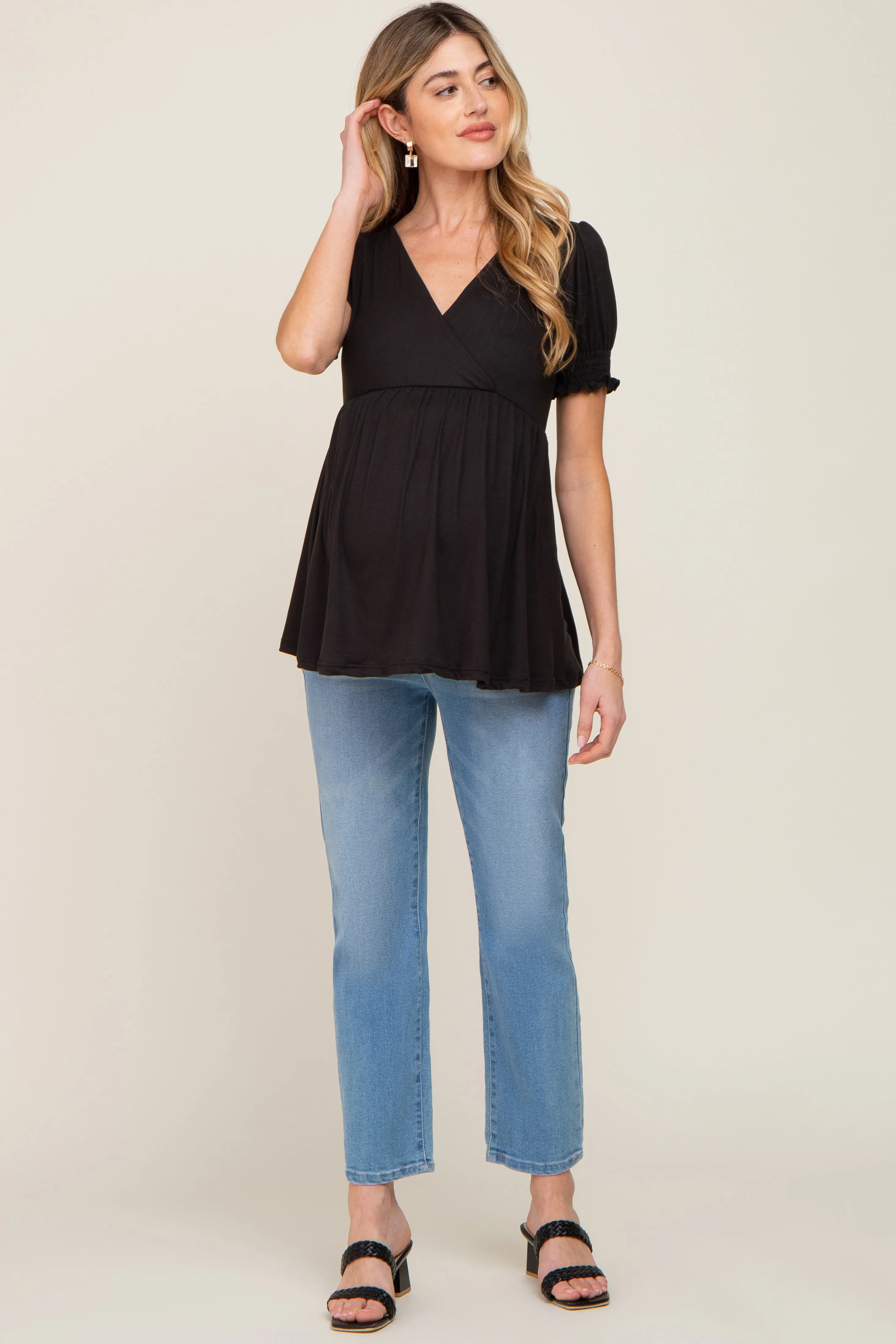 Black Puff Sleeve Crossover Maternity/Nursing Top sold by Pinkblush product image thumbnail 4