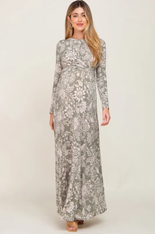 Sage Floral Twist Long Sleeve Maternity Maxi Dress sold by Pinkblush