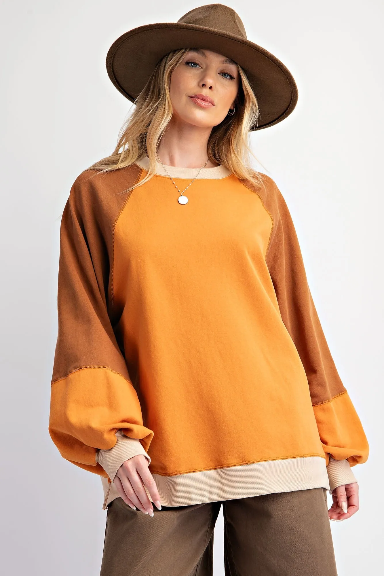 Camel Colorblock Bubble Sleeve Pullover sold by Pinkblush