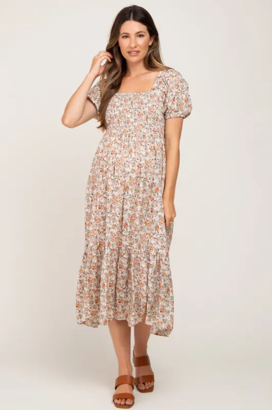 Taupe Floral Smocked Puff Sleeve Maternity Midi Dress sold by Pinkblush