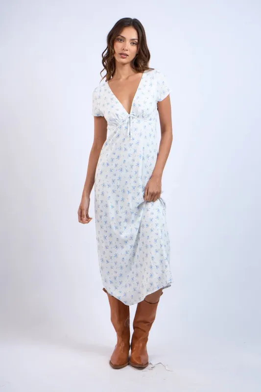 Blue Floral Pattern V-Neck Short Sleeve Long Dress sold by Pinkblush