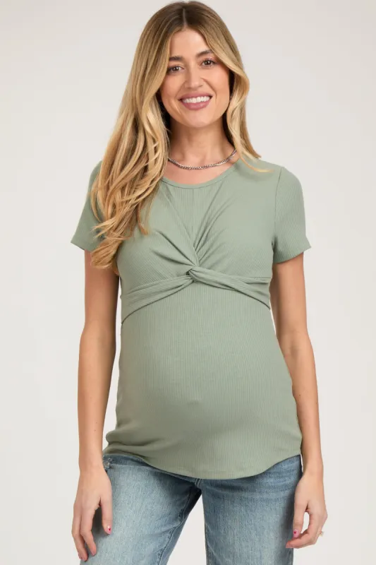 Light Olive Ribbed Twist Front Maternity Top sold by Pinkblush