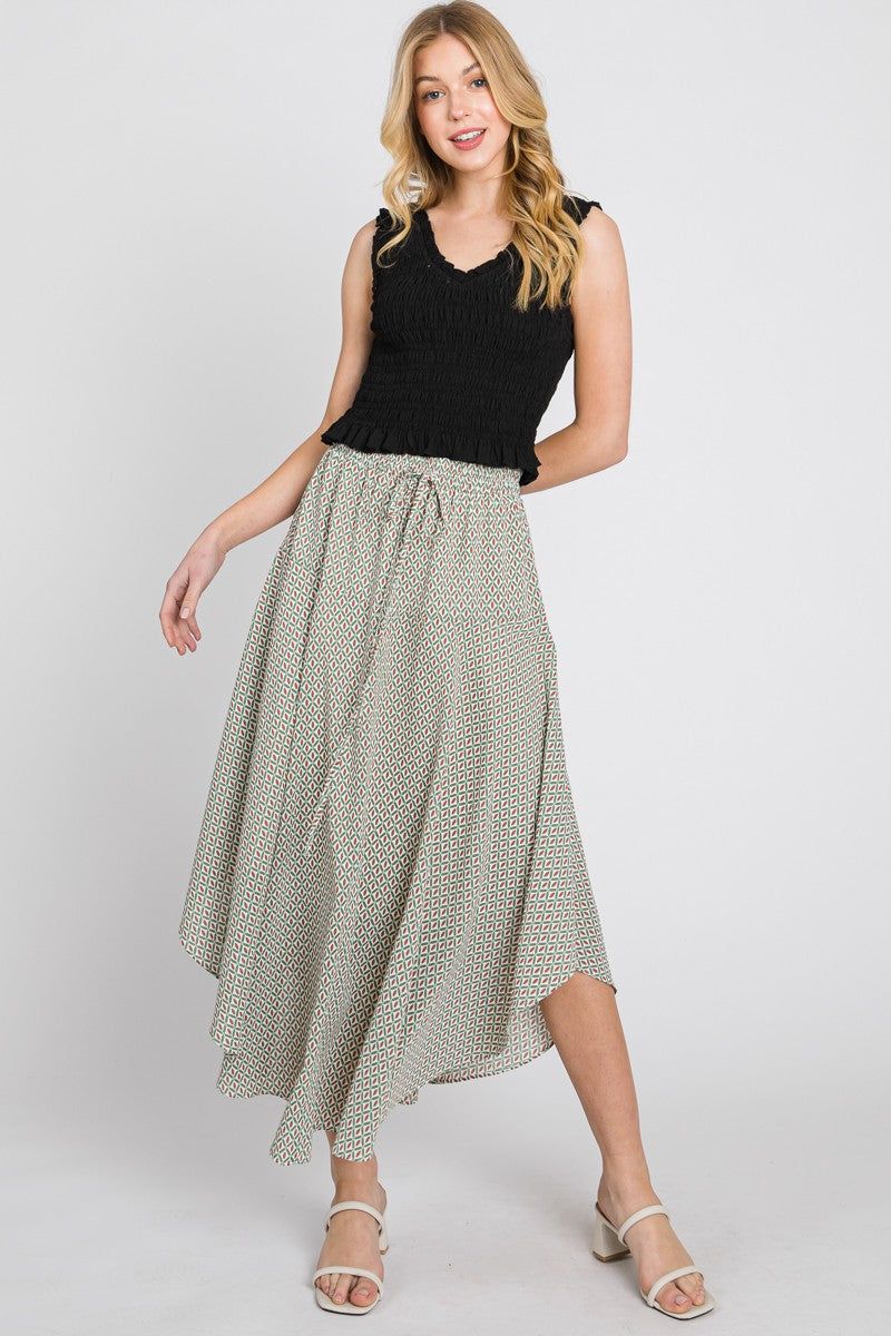 Olive Pattern Flared Skirt W/ Drawstring sold by Pinkblush