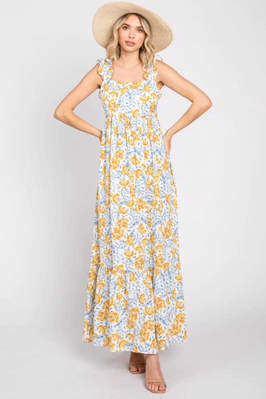 Ivory Floral Sleeveless Ruffle Maxi Dress sold by Pinkblush