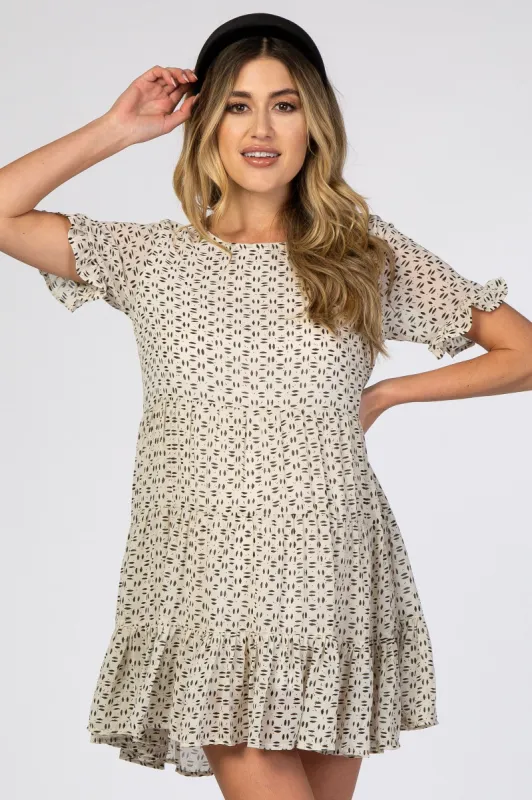 Ivory Printed Tiered Maternity Babydoll Dress sold by Pinkblush