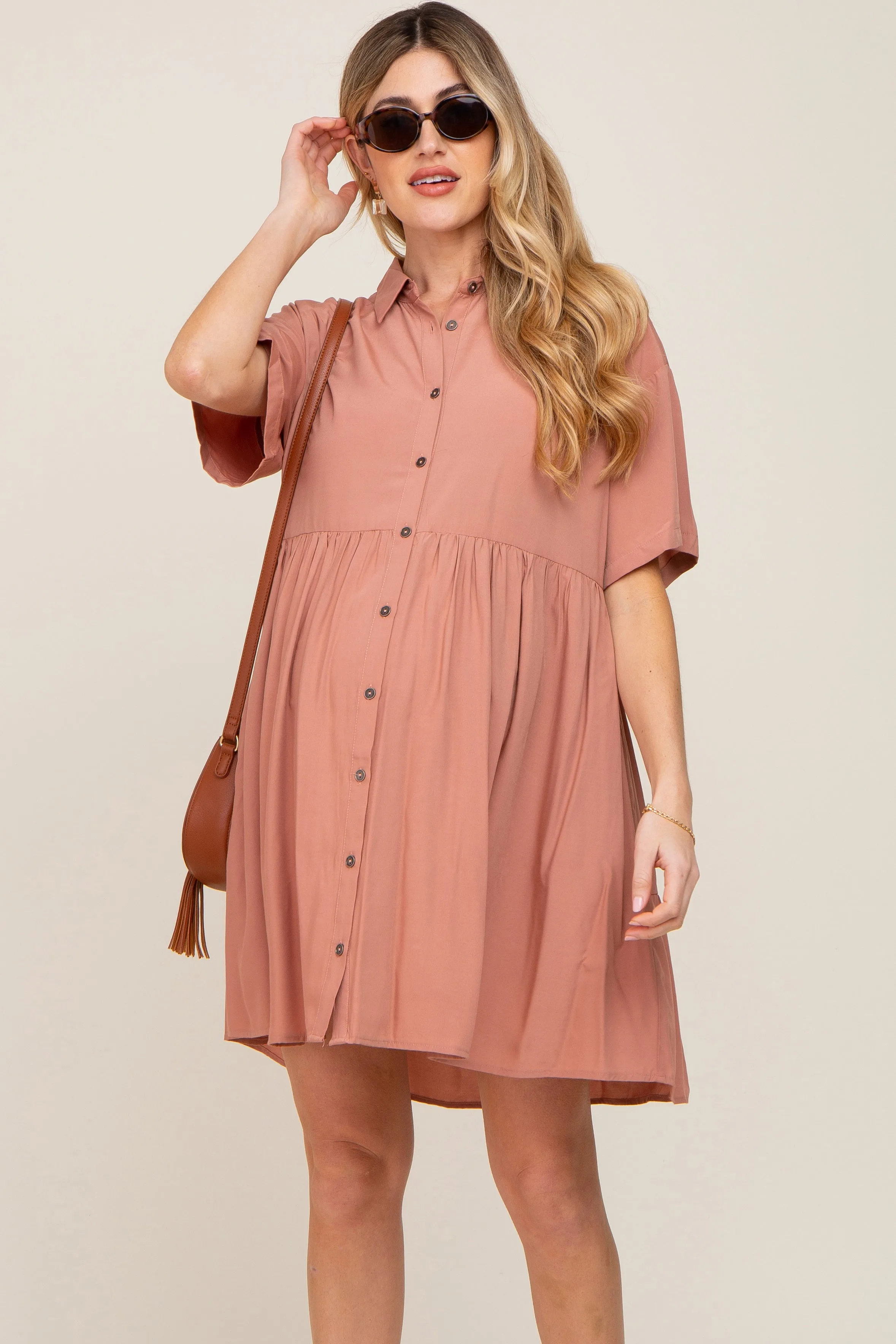 Mauve Buttondown Short Sleeve Maternity Dress sold by Pinkblush product image thumbnail 2