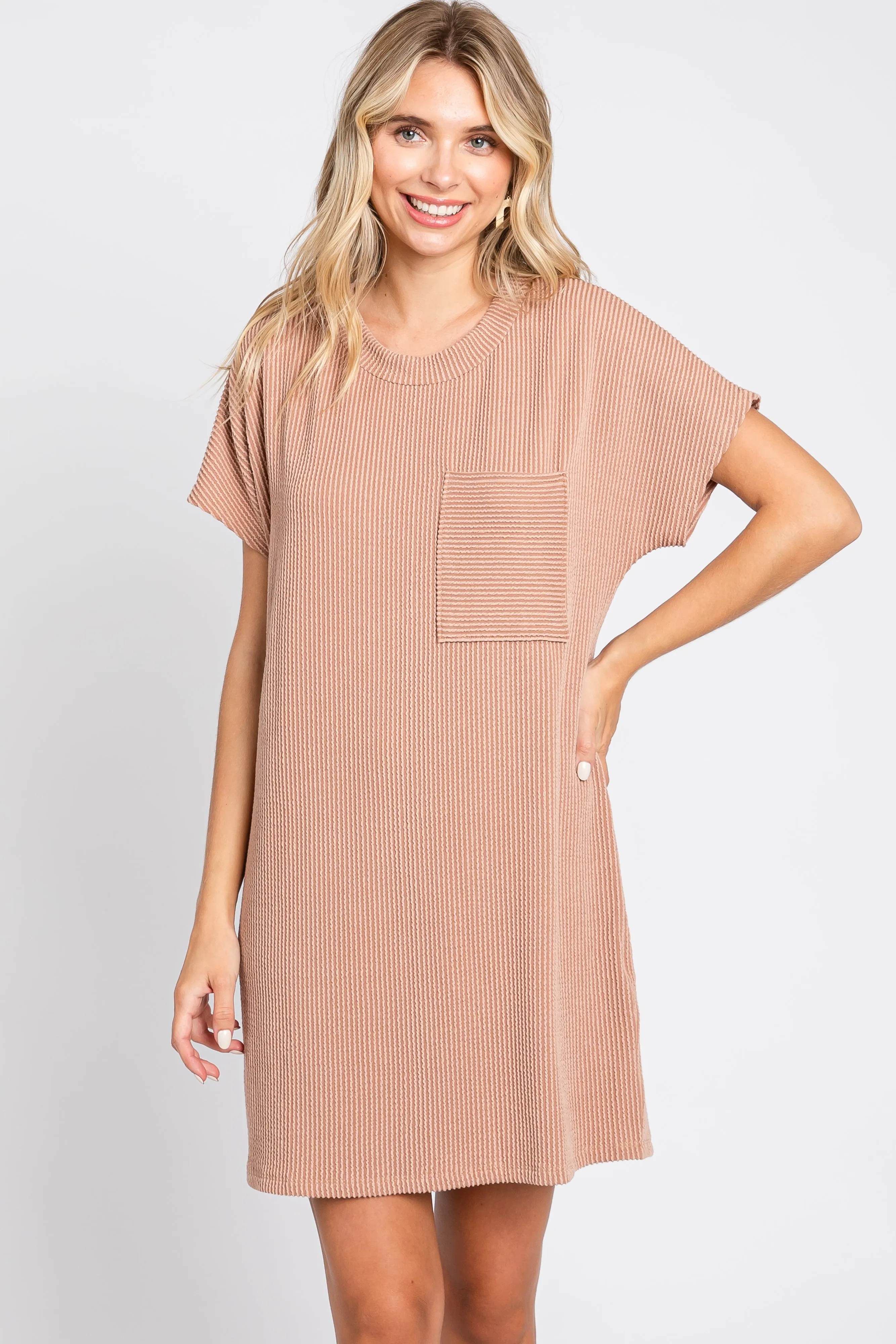 Camel Ribbed Front Pocket Dolman Short Sleeve Maternity Dress sold by Pinkblush product image thumbnail 5