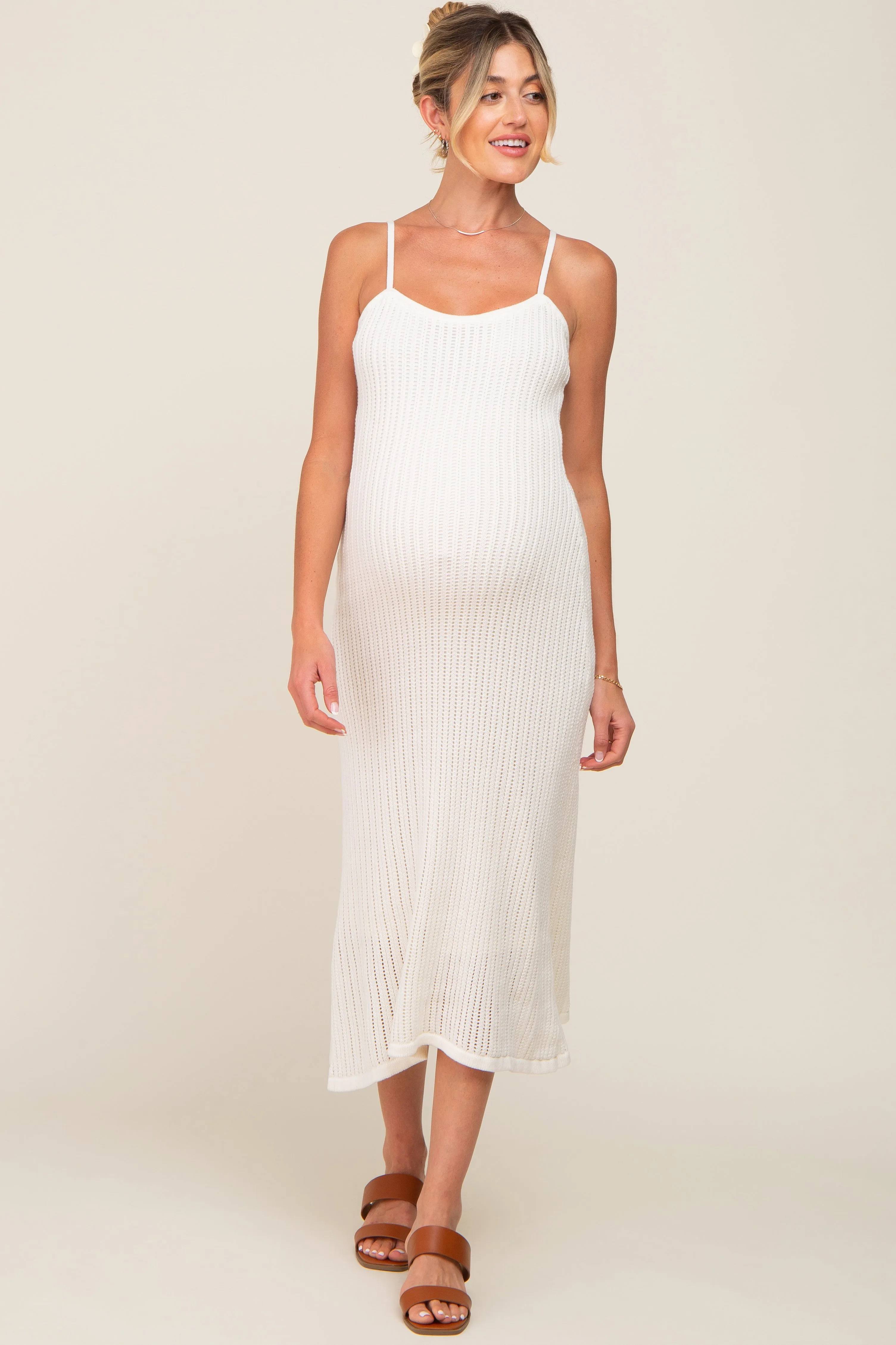 White Open Knit Crochet Maternity Midi Dress sold by Pinkblush product image thumbnail 5