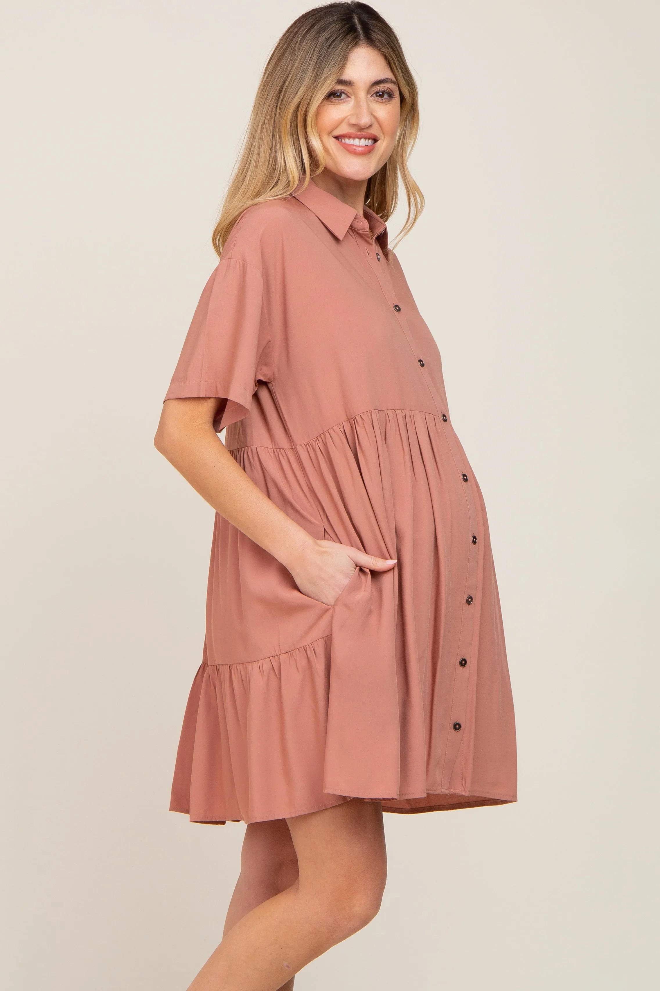 Mauve Buttondown Short Sleeve Maternity Dress sold by Pinkblush product image thumbnail 3
