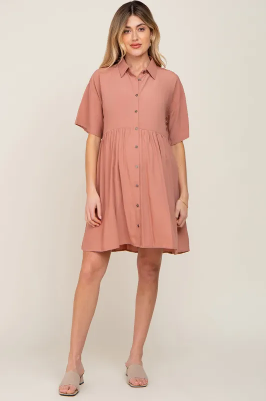 Mauve Buttondown Short Sleeve Maternity Dress sold by Pinkblush