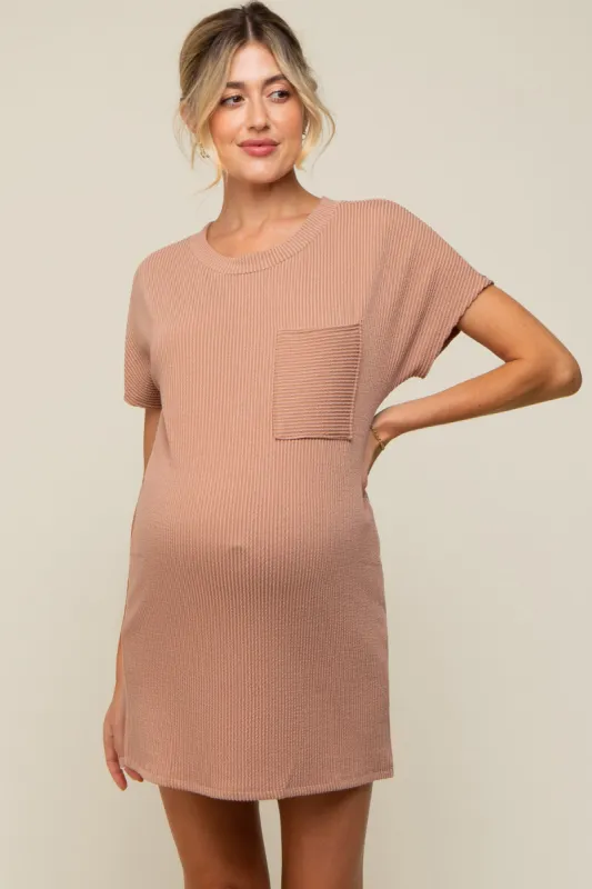 Camel Ribbed Front Pocket Dolman Short Sleeve Maternity Dress sold by Pinkblush