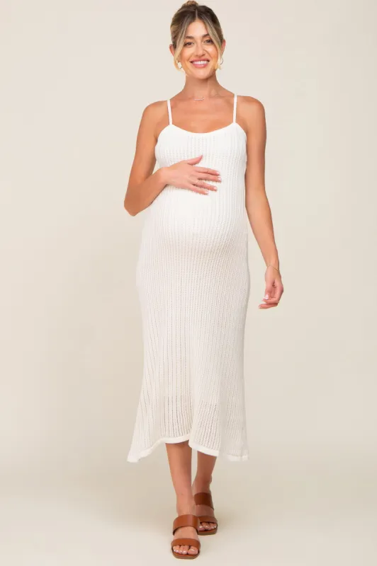 White Open Knit Crochet Maternity Midi Dress sold by Pinkblush