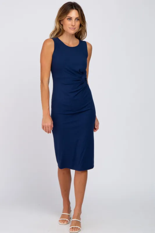 Navy Ribbed Sleeveless Gathered Dress sold by Pinkblush