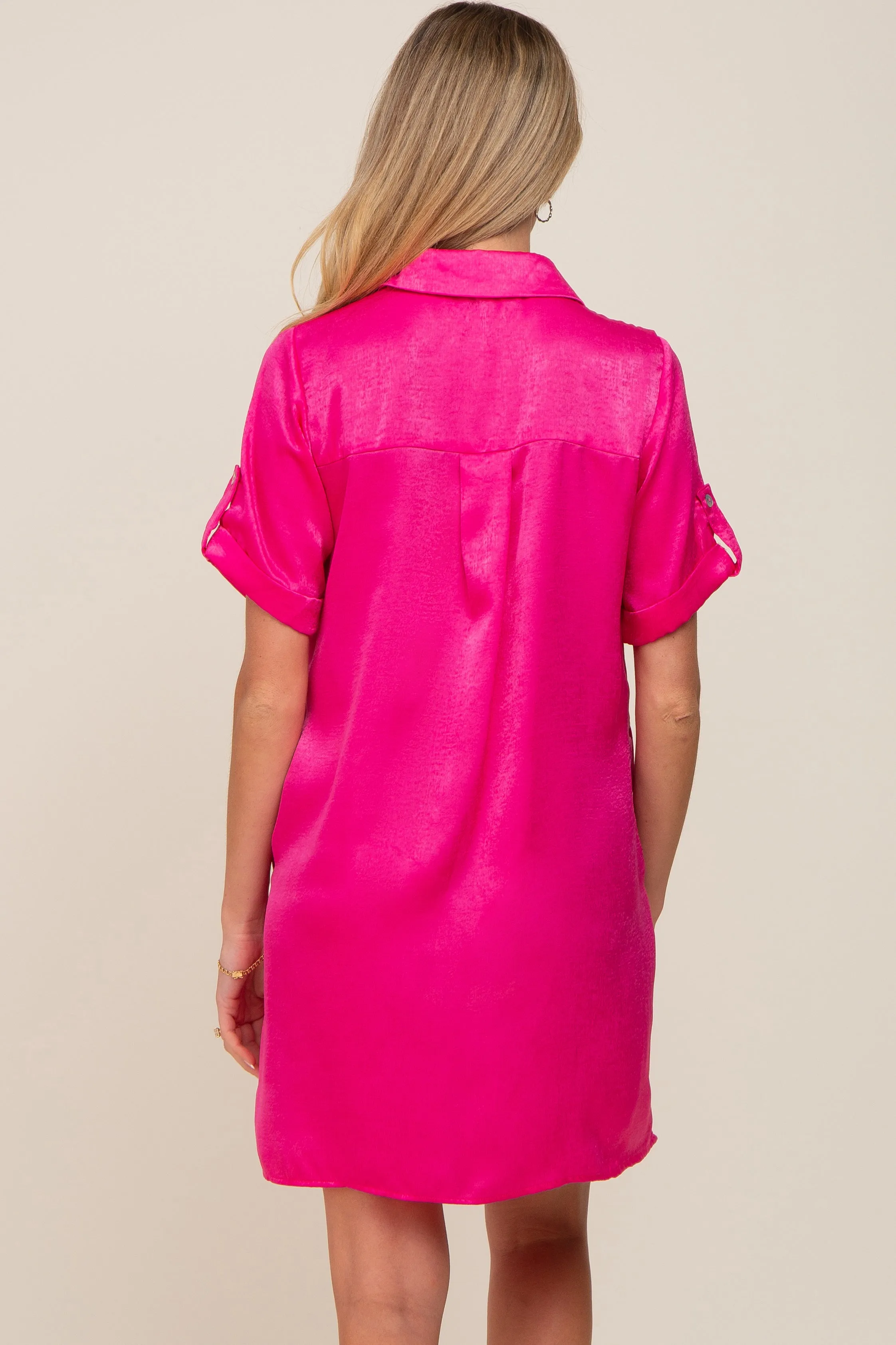 Fuchsia Satin Button Front Short Sleeve Maternity Dress sold by Pinkblush product image thumbnail 3