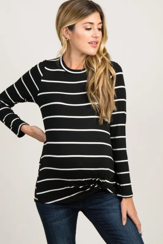 Black Striped Knotted Maternity Top sold by Pinkblush